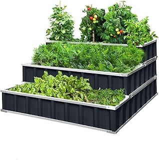 KING BIRD 3 Tiers Raised Garden Bed Dismountable Frame Galvanized Steel Metal Patio Garden Elevated Planter Box 46’’x46’’x...