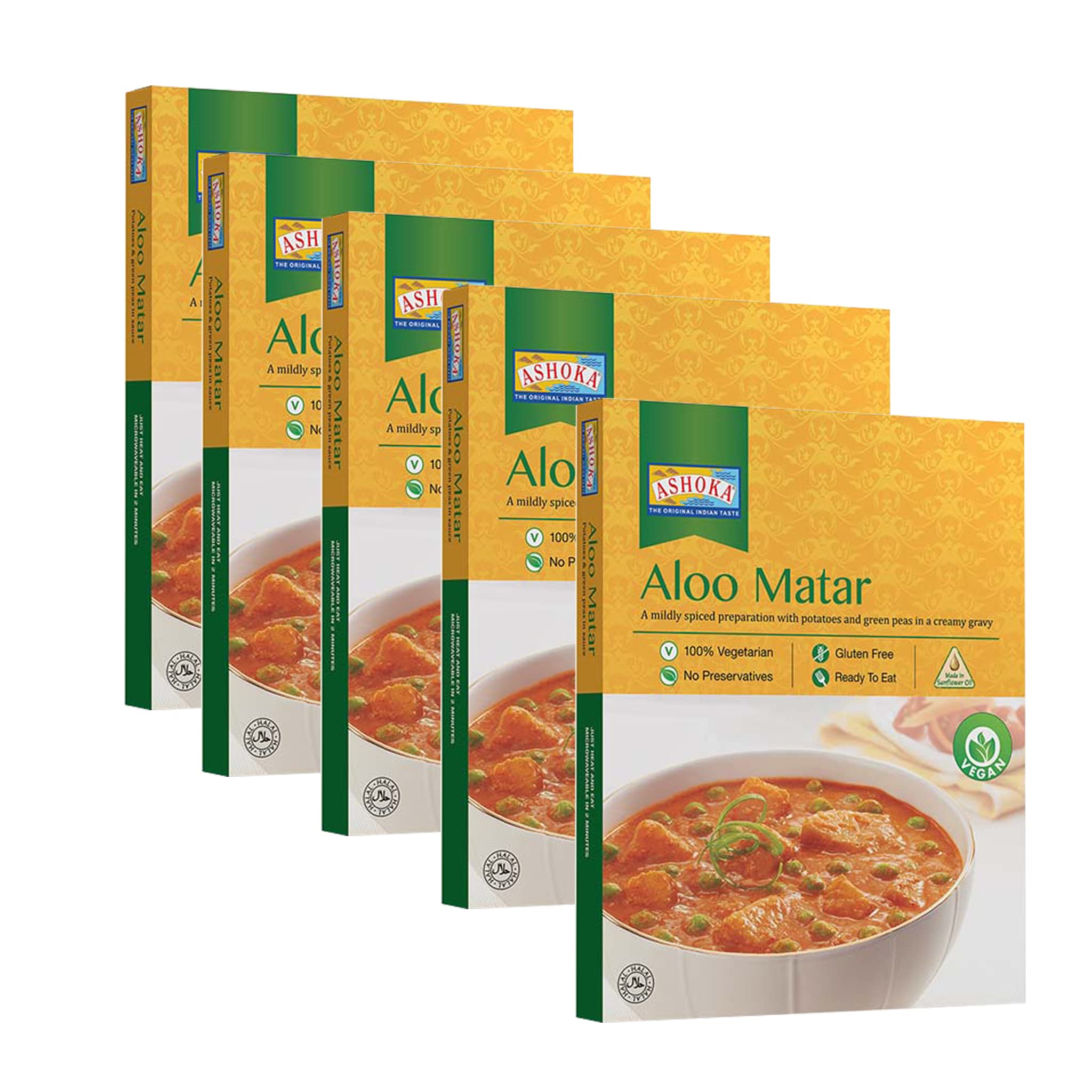 Ashoka Instant Meals 1932, All-Natural Vegan Potatoes & Peas, Kosher Certified Microwaveable Meals, Ready to Eat Indian Food, Aloo Matar, Flavorful Lunch Meal, No Preservatives, Pack of 10