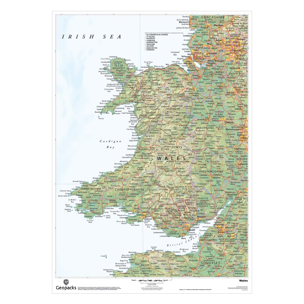 Physical Map of Wales Wall Map - Large Travel Map to Highlights both physical and political features, Laminated UK Map Poster, Waterproof Wipe-Clean Surface, Perfect Traveler Gift 820 x 1200 mm