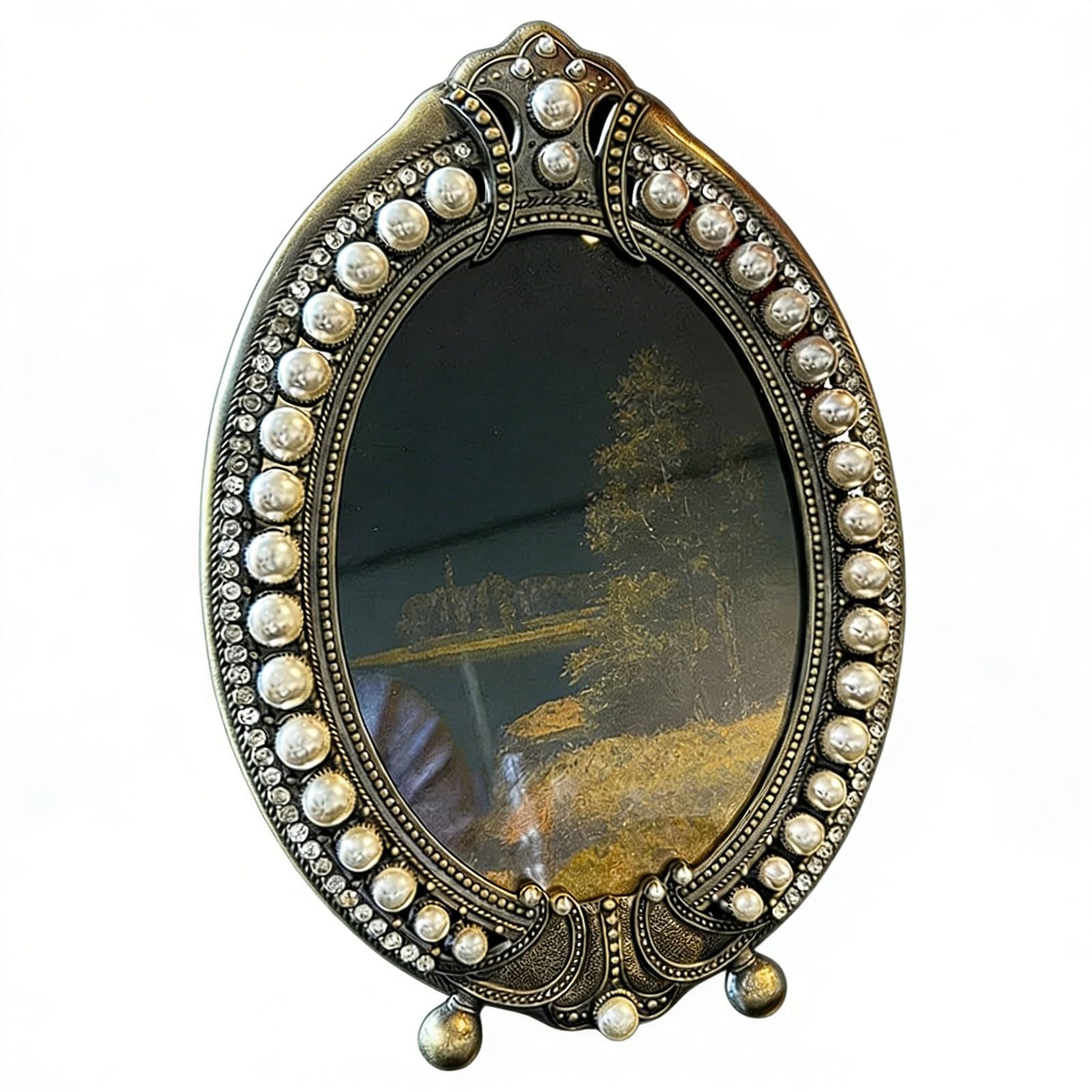 Vintage Metal Picture Frame Tabletop Ornament Wall Hanging, Antique Bronze with Rhinestone and Pearl Rings photograph(6-inch)