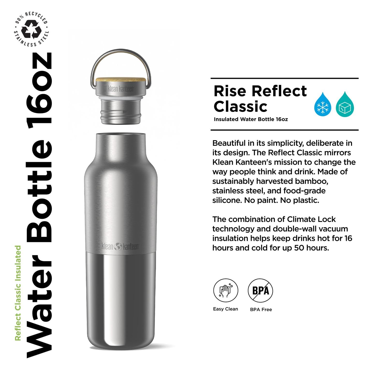 Klean Kanteen Rise Reflect Insulated Water Bottle - Reusable Water Bottle for Quick Hydration - Vacuum Insulation - Dishwasher-Safe - Bamboo Cap - Stainless Steel - 16 oz product thumbnail 3