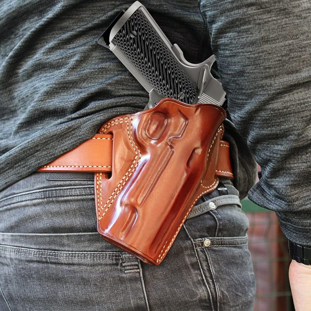 Masc Premium Leather OWB Pancake Holster with Sweat Guard On The Back, Fits All 1911 5-inch, Right Hand Draw, Brown Color.