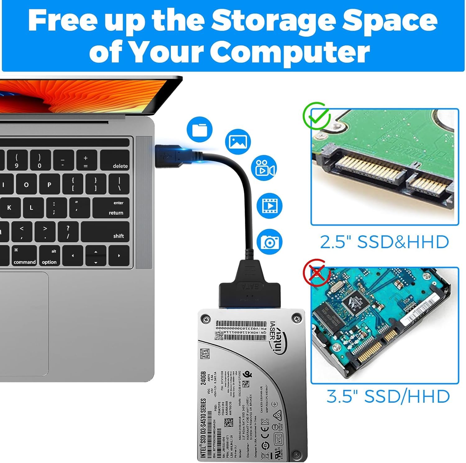 YIIFELL Kabel SATA na USB, adapter USB 3.0 na SATA do 2,5 cala HDD i SSD, konwertera SSD/HDD, kompatybilny z systemami operacyjnymi Windows, Mac i Linux