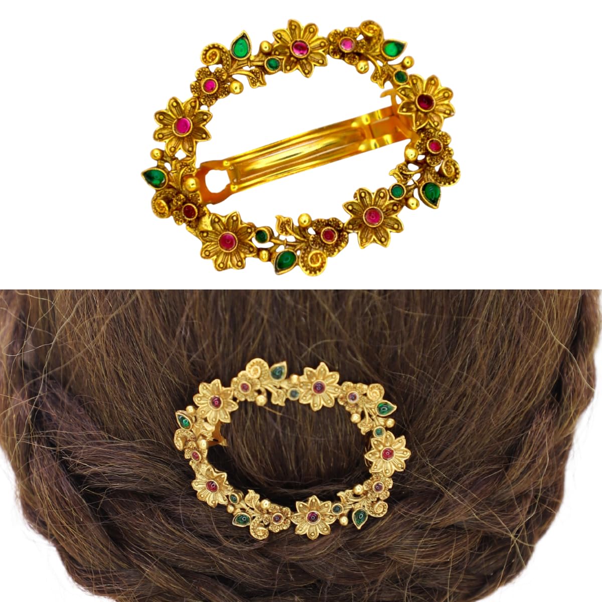 JWELLA Traditional Temple Design Gold-Plated Hair Barrette Clip (Round Shape Design) (Design 8) 2