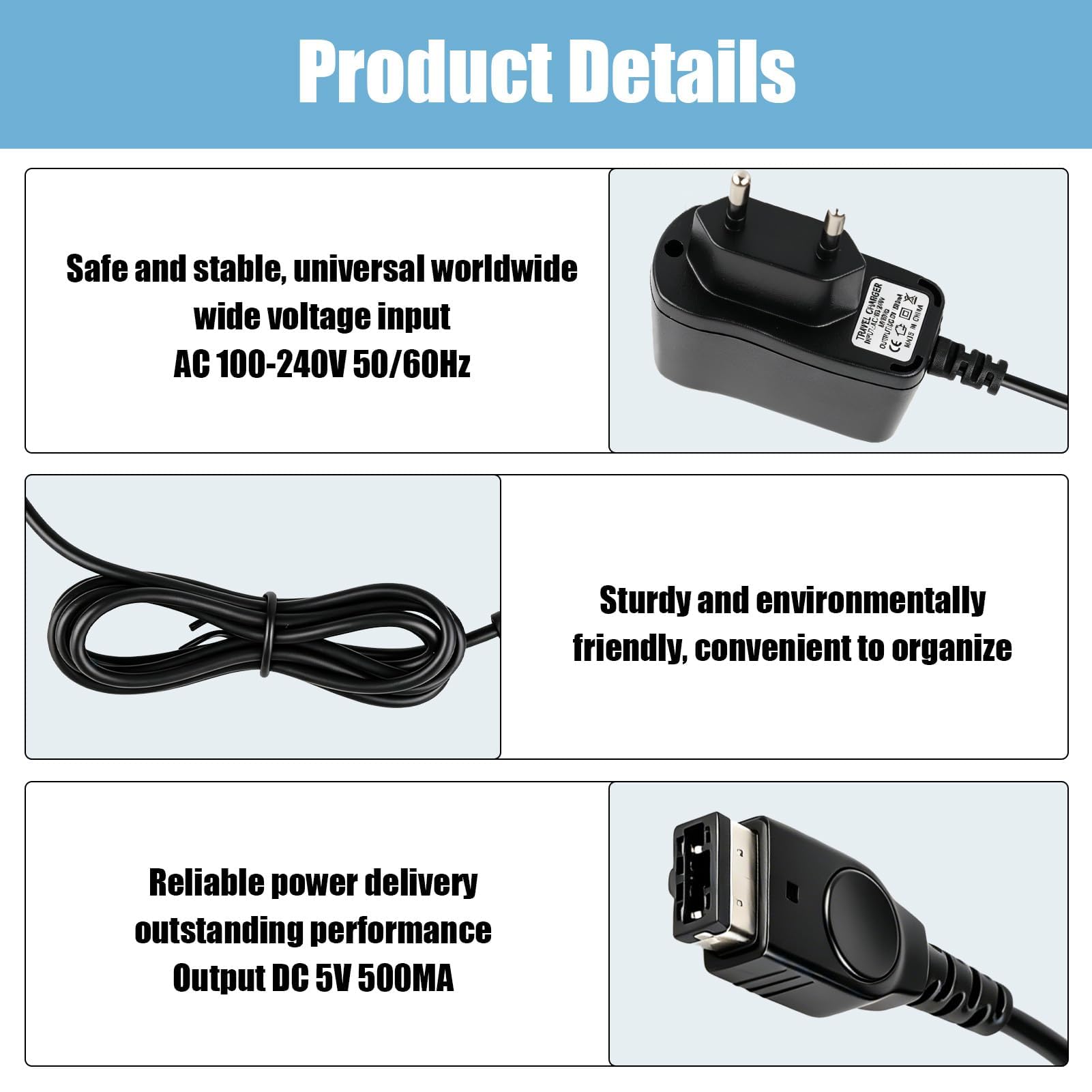 Cagrin 5V 500mA Chargeur Compatible avec NDS FAT et Game Boy Advance SP | Adaptateur Secteur AC 100‑240V DC pour Consoles NDS GBA SP, Chargeur de Voyage, Câble 1,1 m, Noir