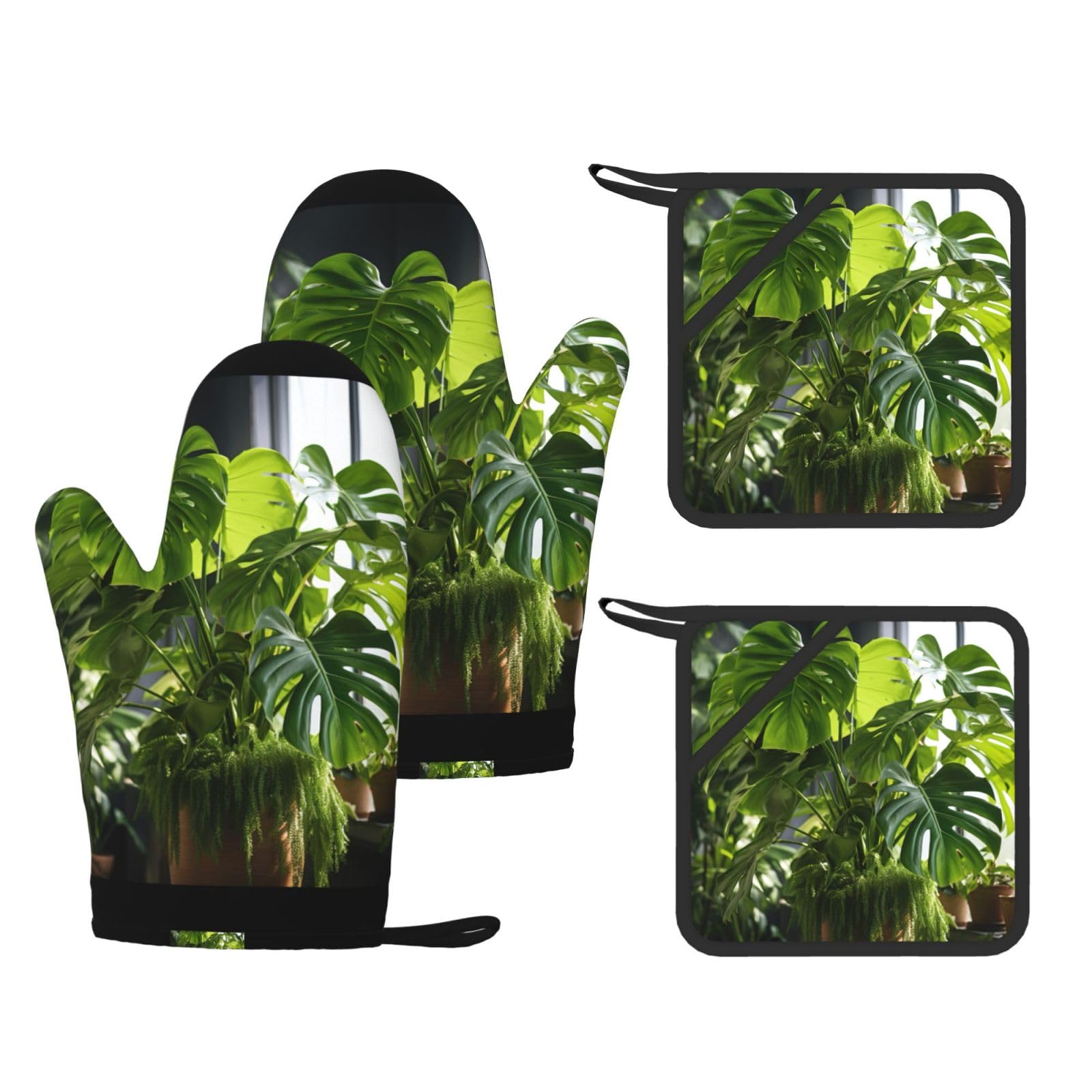 Monstera Deliciosa Banana Palm Printed Kitchen Set with Heat Resistant Oven Gloves & Non-Slip Pot Holders for Daily Cooking
