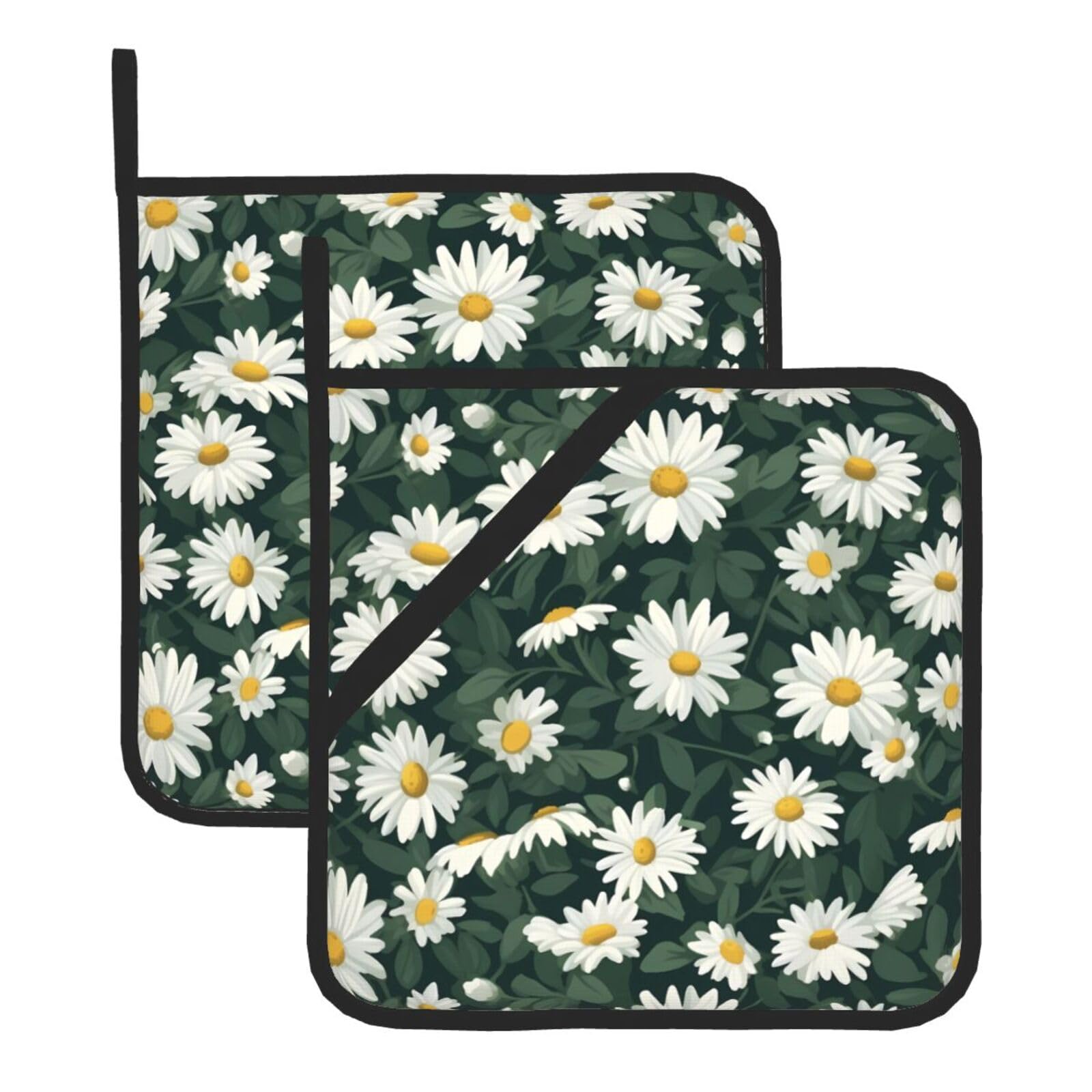 HJFCZH Daisy Flowers Printed Square Insulated Pot Mat Set (2-Piece) 8x8in Waterproof, Thickened & Easy to Clean with Lanyard Design for Kitchen, Oven & BBQ