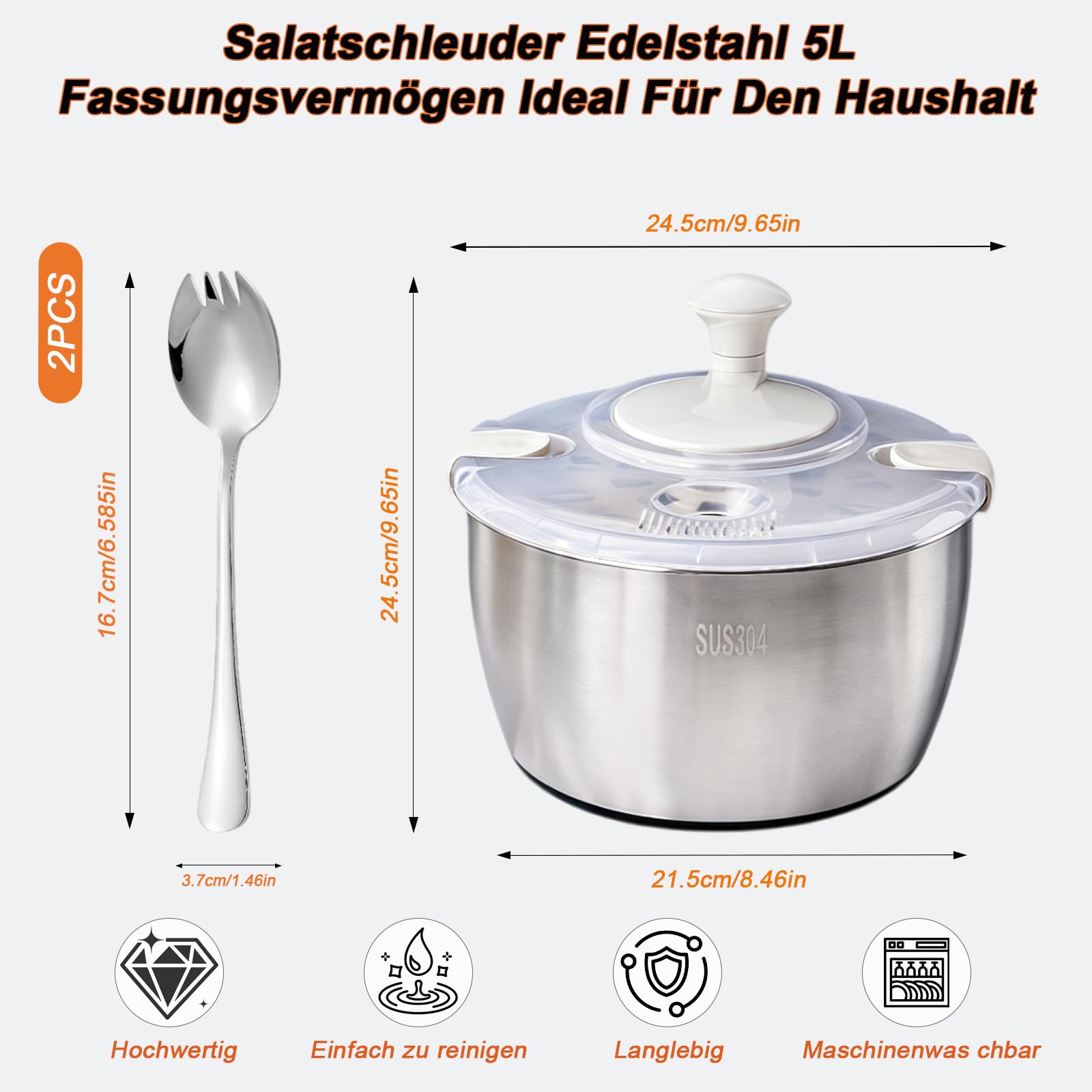 W&H Salatschleuder Edelstahl 5L,Salad Spinner mit Siebkorb und Drehdeckel,Spülmaschinengeeignet,BPA -frei Salatschleudern für Obst Gemüse Salat Zubereitung，Küchenhelfer Salatschleudern für Haushalt