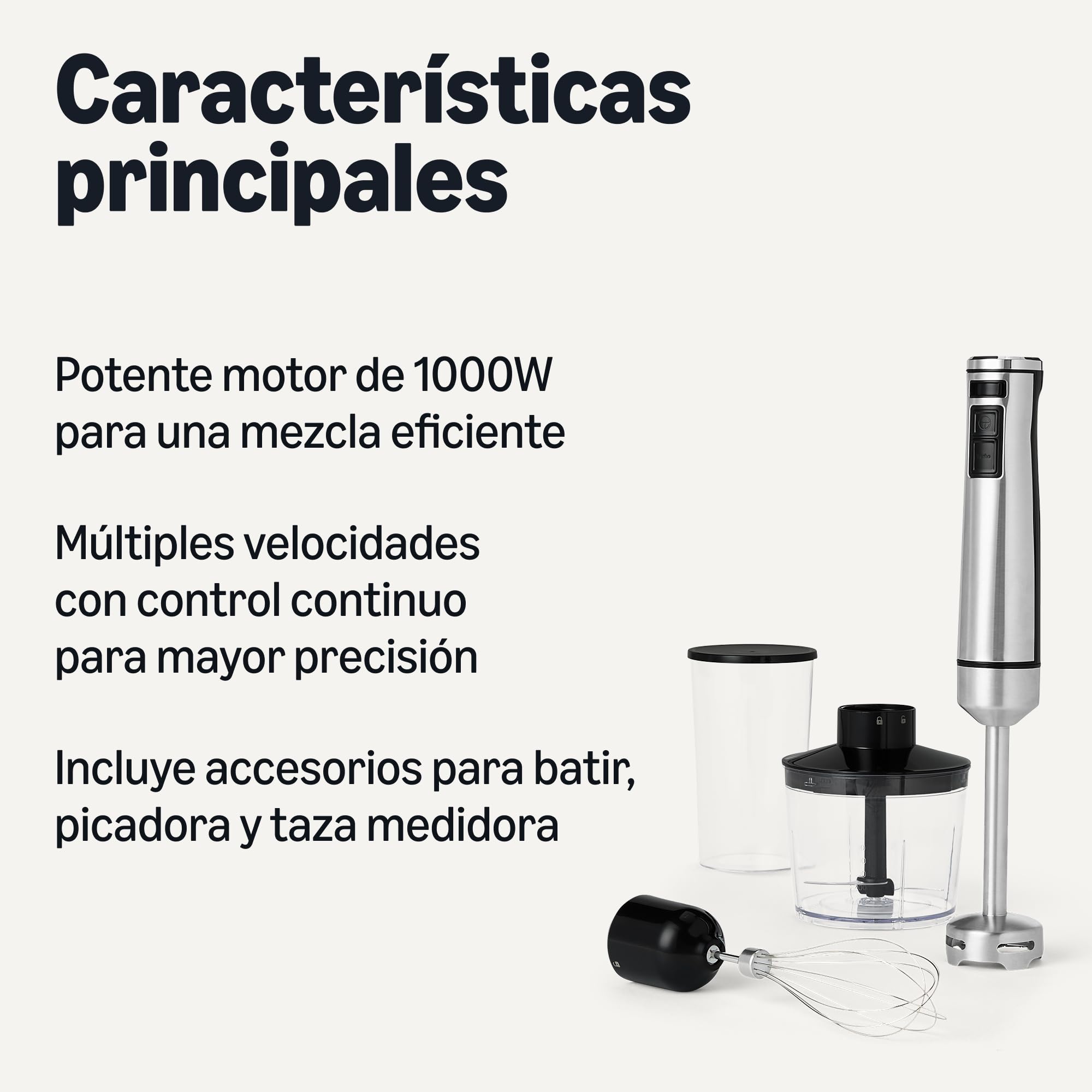 Amazon Basics Licuadora de Mano de Inmersión de 1000W de Varias Velocidades, con Accesorios, con Cable, Plateada