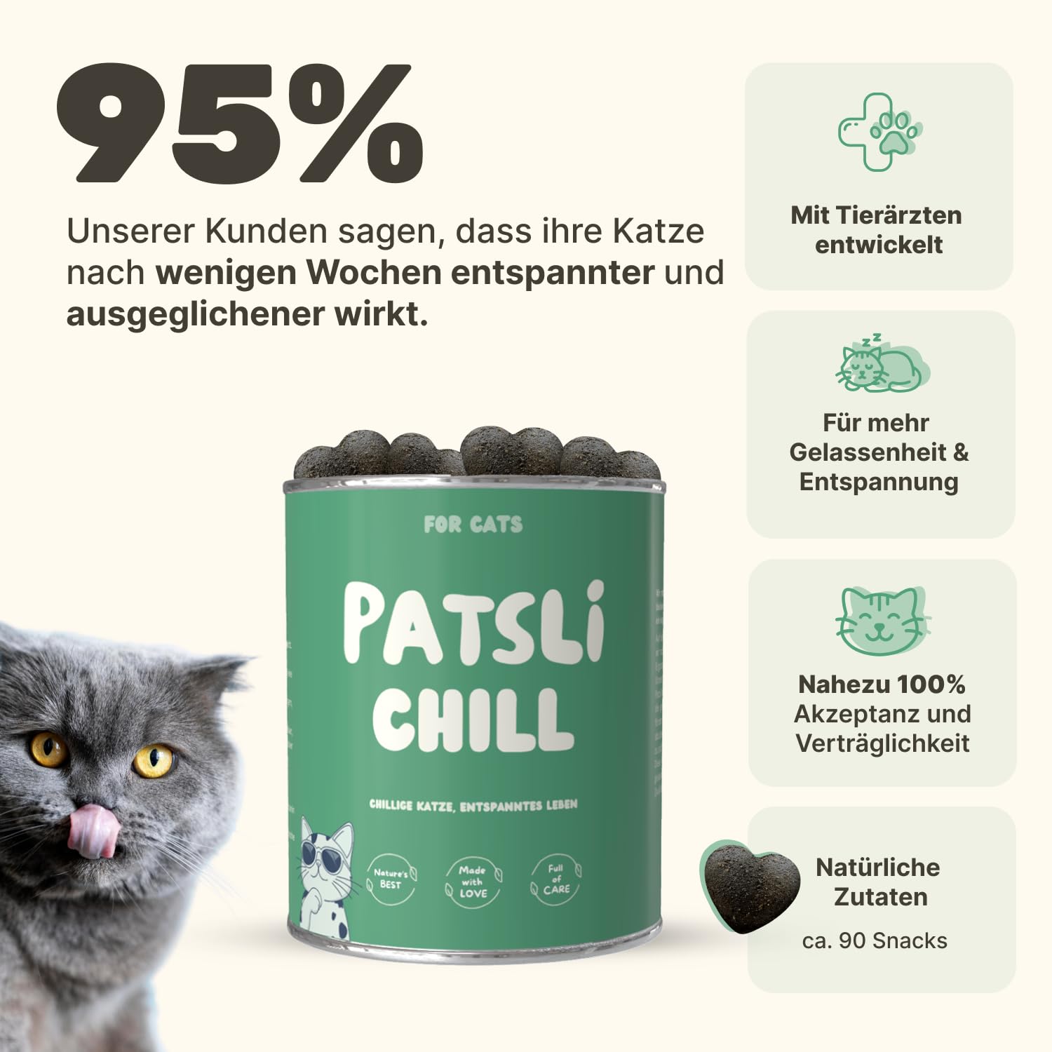 4-in-1 Ruhe Essenz für Katzen | Anti-Stress und Entspannung Katze | Beruhigungsmittel für Katze | Katzen und Kitten Leckerlies | Ergänzung für Nass- und Trockenfutter | Patsli® Chill