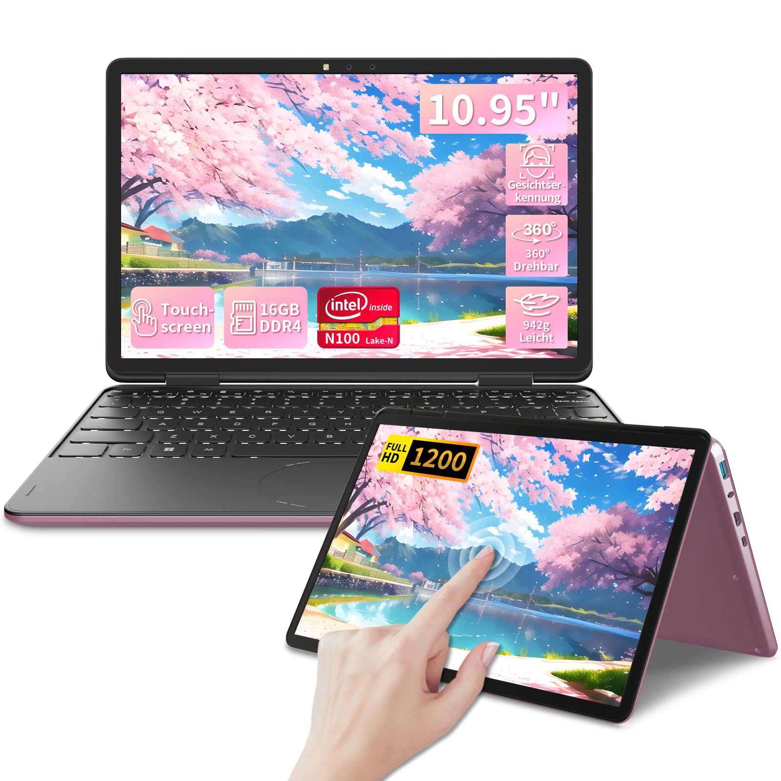 Mini Computer Portatile 2-in-1 10.95 Touchscreen Rotazione 360° Celeron N100 1920x1200 16GB DDR4 Tastiera Italiana BT5.0 Win11 Pro Notebook Rosa 16+512GB SSD