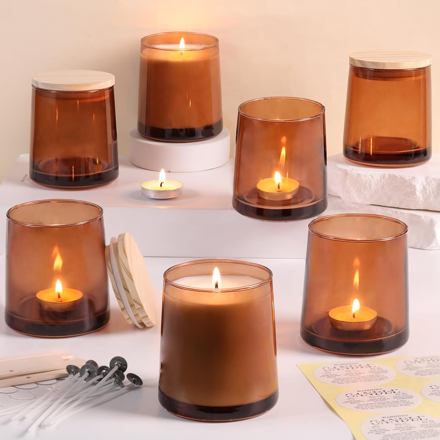 DARJEN 12 Pack Amber Candle Jars for Making Candles- 9 OZ Empty Glass Candle Making Jars with Making Kits, Candle Making Supplies Candle Containers for Home DIY & GIFS Amber Clear