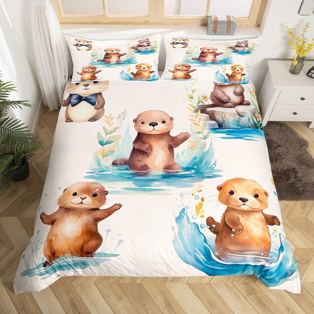 Lovely Otter Boys Girls Duvet Cover Super King Size,Cute Lake Animal Comforter Cover for Adults Kids Bedroom Decor,Watercolor Flowers Nature Brushed Decorative Bedding Set 2 Pillowcases,No Comforter