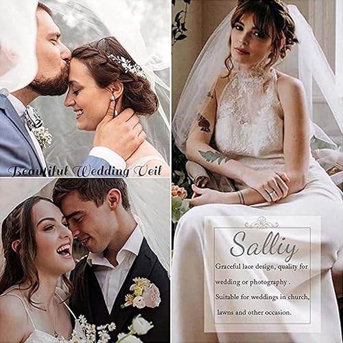 Miniatura 7 de Salliy Capa velo de novia bordado de velo de novia con borde de encaje para novia con peine longitud catedral accesorios para el cabello blanco