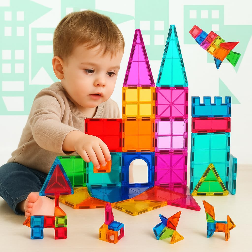 NK Set di Costruzione Magnetici per Bambini (100 Pezzi) - Pezzi Magnetici 3D Magnetic Tiles, Giocattolo Educativo Montessori, Regalo di Compleanno Natale per Bambini