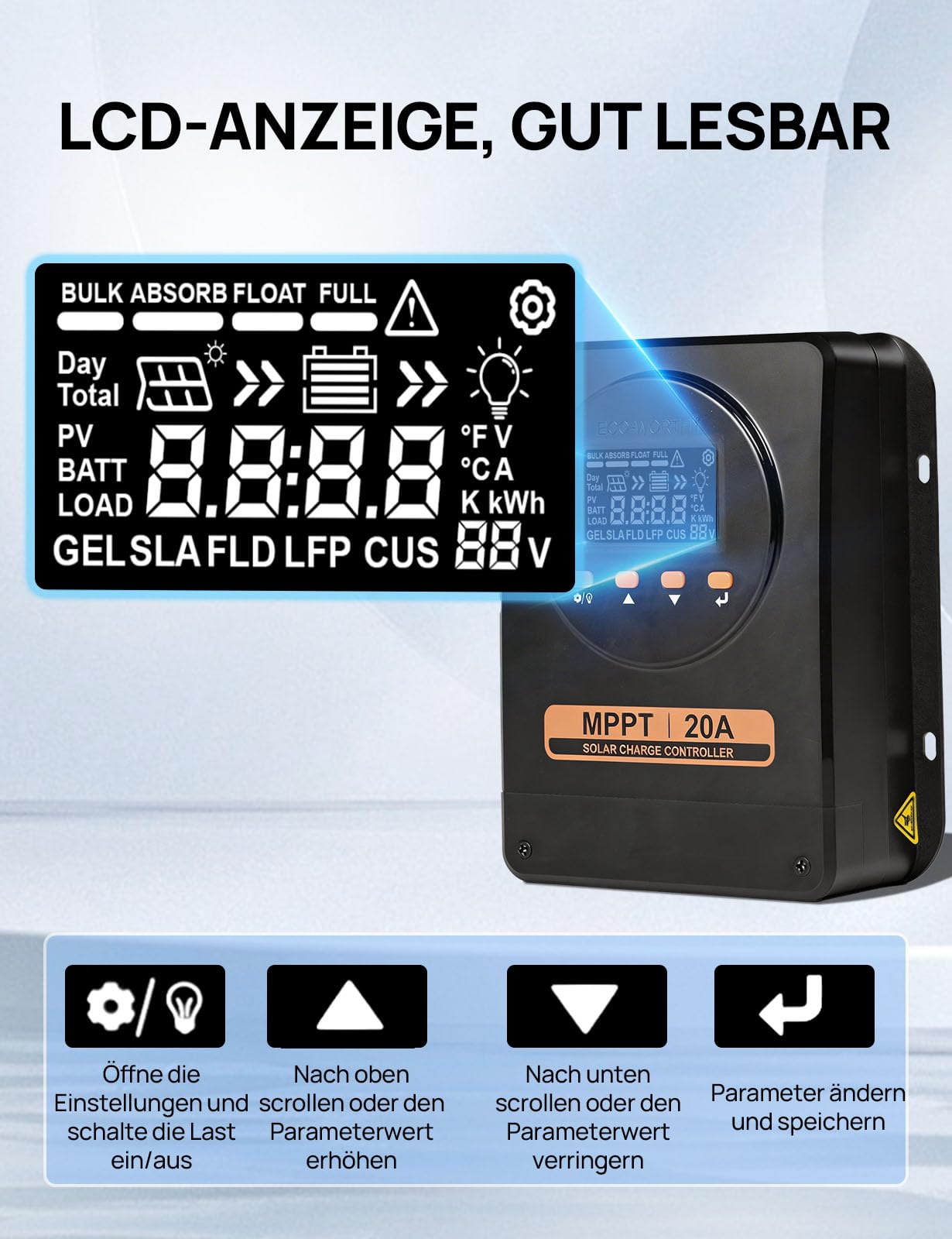 ECO-WORTHY 20A MPPT Laderegler, 12V/24V mit automatischer Erkennung, Bluetooth, App und Display, kompatibel mit Blei-Säure-/SLA-/FLD-/LFP-Batterien, geeignet für Wohnmobil und netzunabhängige System