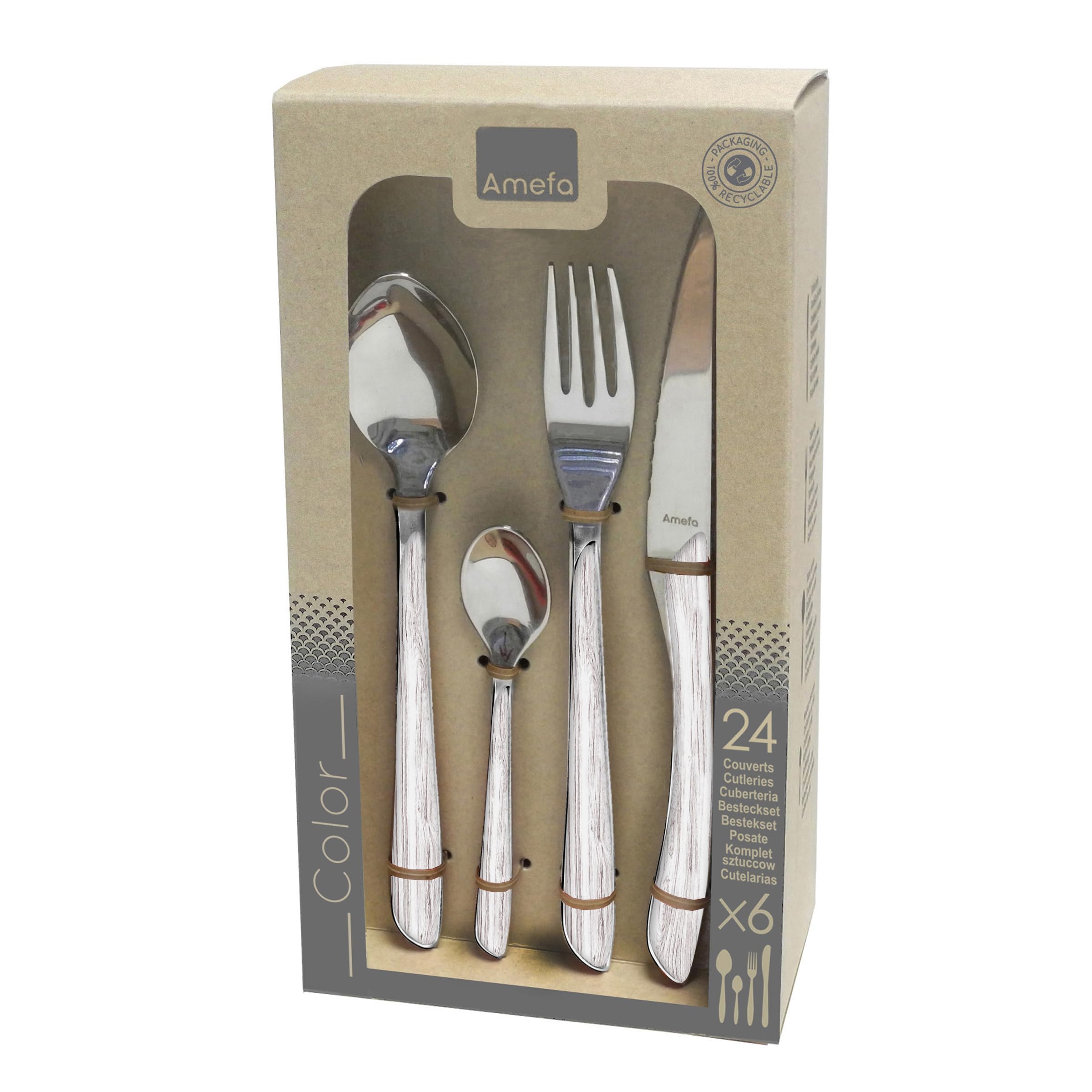 Amefa ECLAT Nature Cubertería de 24 Piezas de Madera Blanca, Acero Inoxidable