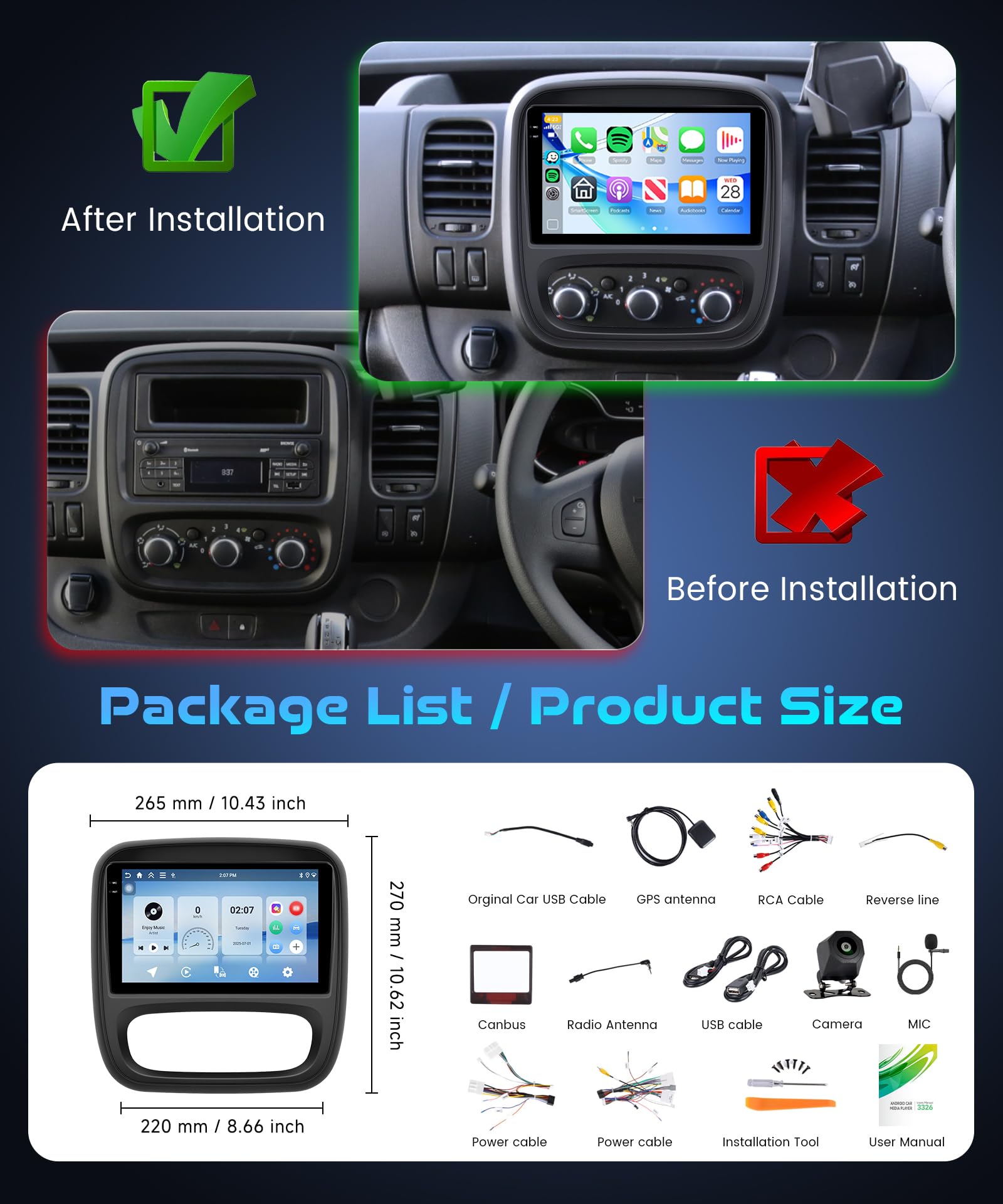 4G+128G Android Radio Coche para Renault Trafic Opel Vivaro B FIAT Talento Nissan NV300 con 9'' Pantalla IN-Cell Carplay Android Auto Wireless Nav Bluetooth GPS FM/RDS/EQ Mirror Link WiFi