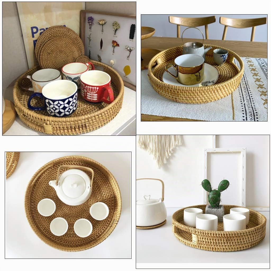 Sumnacon Vassoio rotondo in rattan con manico per caffè, bevande, colazione, tè, candele
