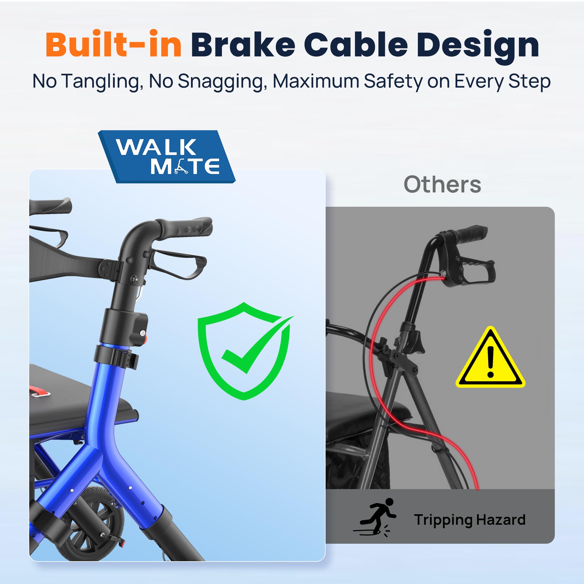WALK MATE Deambulatore deambulatore per anziani con sedile per 5,3 ~ 2,1 m di altezza | Sedile regolabile in altezza, cavo integrato, ruote da 25,4 cm, design pieghevole leggero e compatto, capacità 136 kg, blu