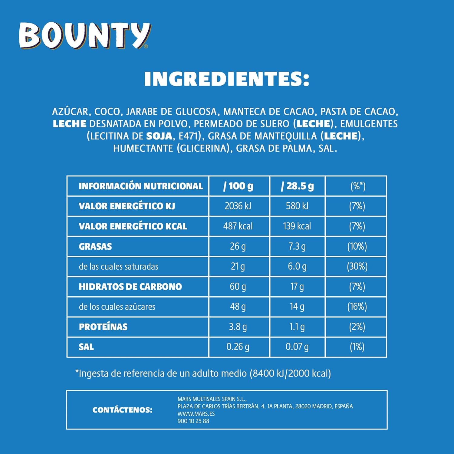Bounty Chocolatina de Coco recubierta con un delicioso Chocolate con leche (24 x 57g)