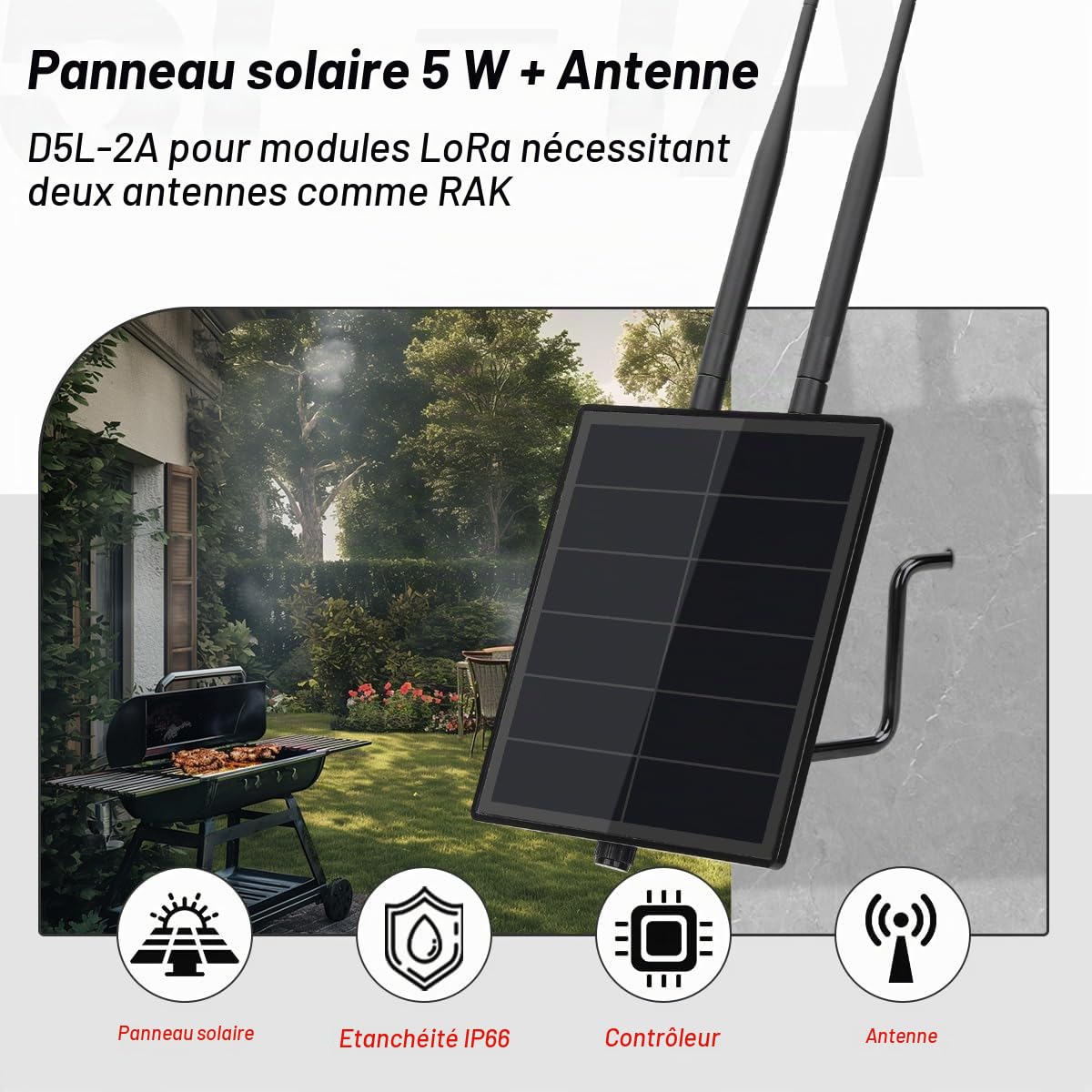 Système de panneau solaire D5-2A 5 W pour module LoRa Rak4631 pour modules LoRa DIY Meshtastic Meshcore LoRa Node Kits avec antenne BLE 868 MHz et 2,4 g