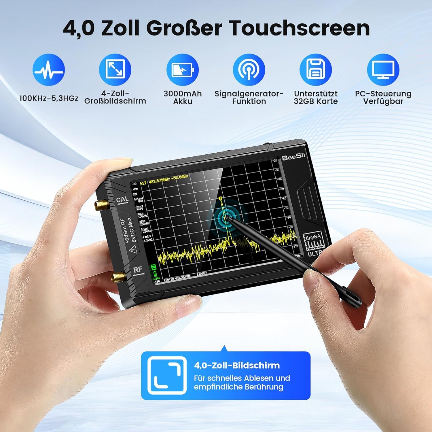 SeeSii TinySA Ultra Spektrumanalysator mit 50W Dämpfungsglied, 4,0 Zoll Frequenzanalysator 100 kHz- 5,3G Hz, 2-in-1 Signalgenerator 100 kHz - 800 MHz MF/VHF/HF UHF Eingang mit 32 GB Speicherkarte