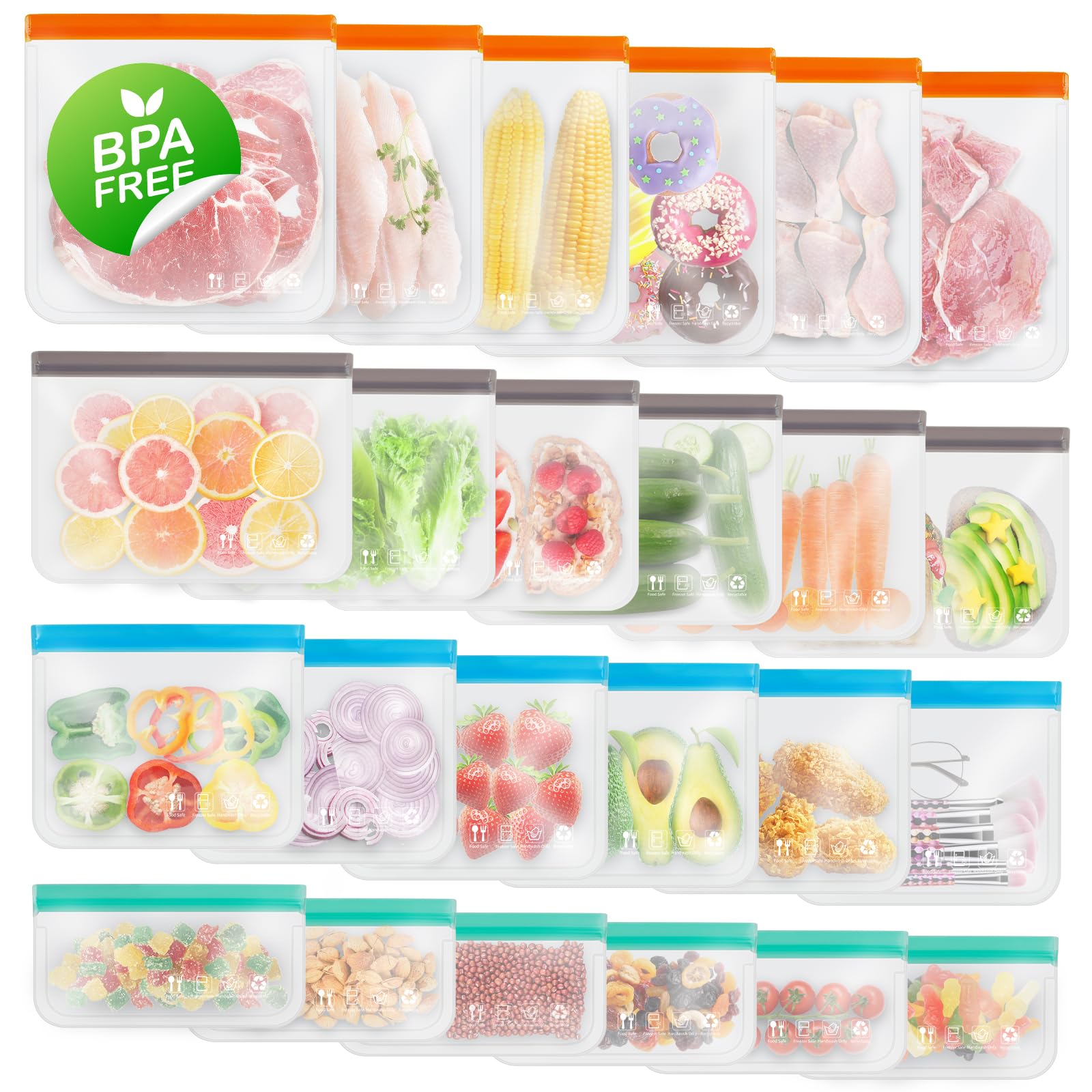 Sacchetti riutilizzabili per congelatore, extra spessi, a prova di perdite, sacchetti in silicone senza BPA, per conservare alimenti, viaggi, organizzazione della casa (confezione da 24, 6 XL, 6 L, 6