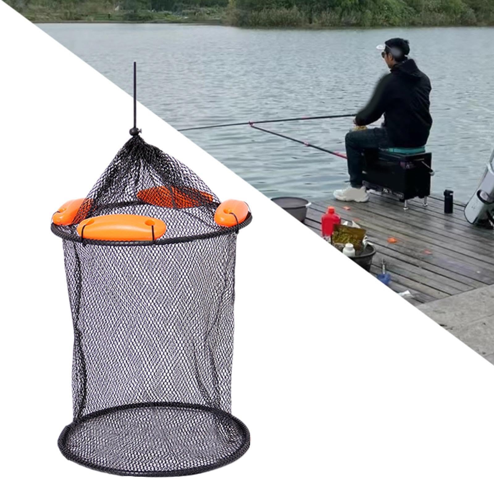 Menolana Float Fish Basket Coated Mesh Net Fishing Bucket Well Fishing Net Cage for Live Caught Fish, 33x35cm