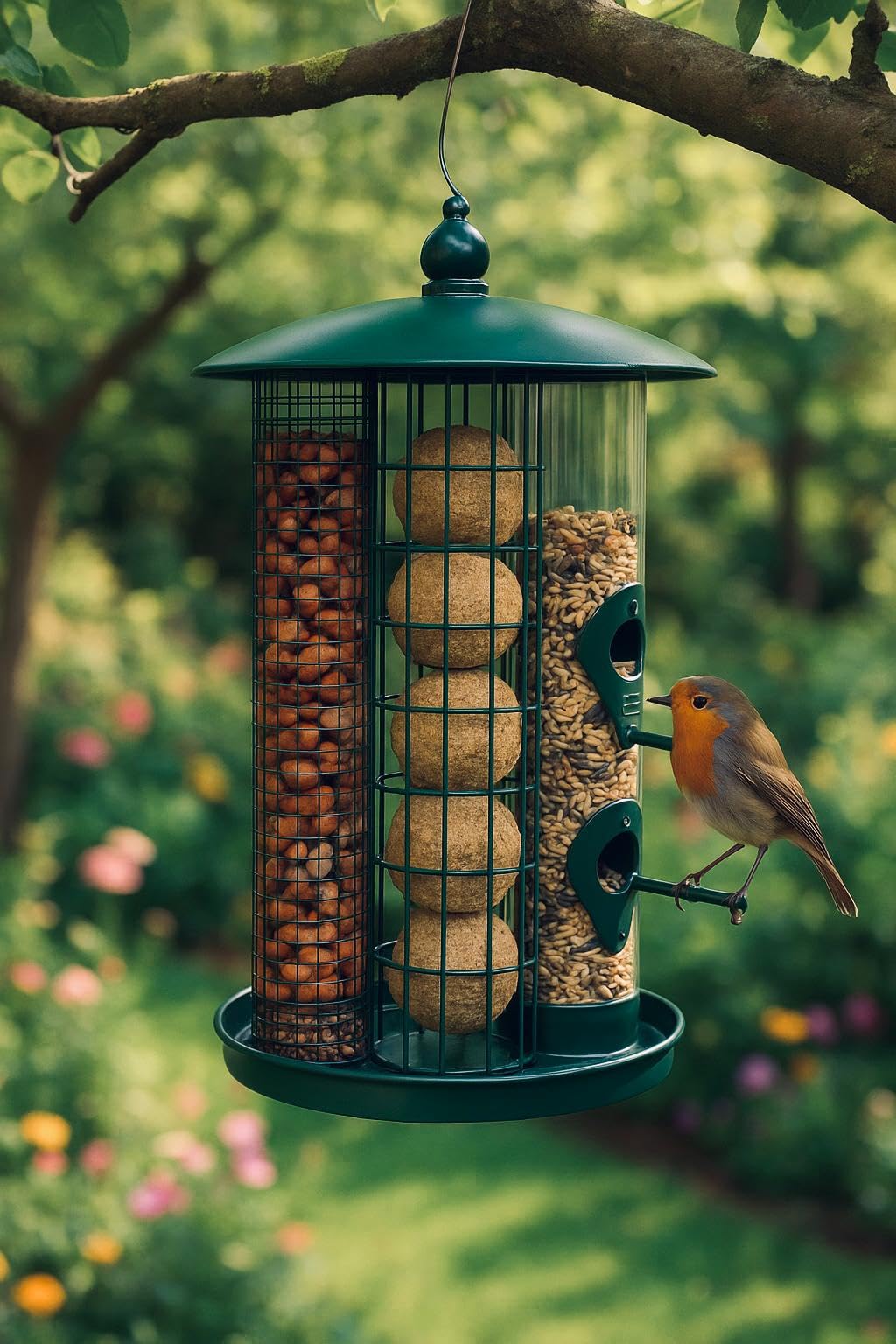 DIVCHI Comedero para pájaros Silvestres pequeños con Revestimiento de Acero y Metal, 3 en 1, a Prueba de masticación, comedero Triple Resistente para Semillas para pájaros pequeños