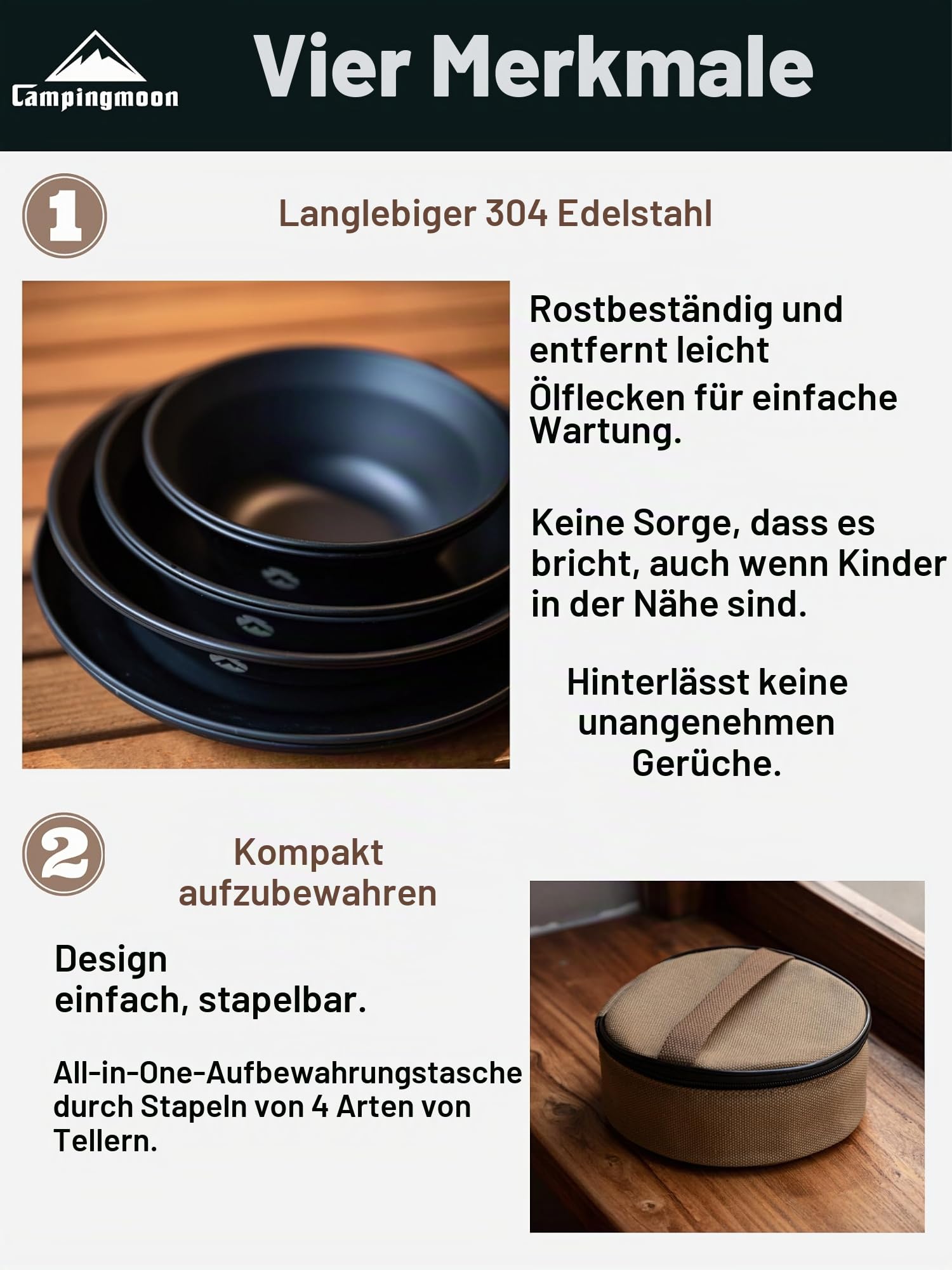 Campingmoon Campinggeschirr-Set, Edelstahl, Campingteller, Schüssel, stapelbar, Outdoor-Geschirr, Segeltuch, Tragetasche, Camping, Wandern, Picknick