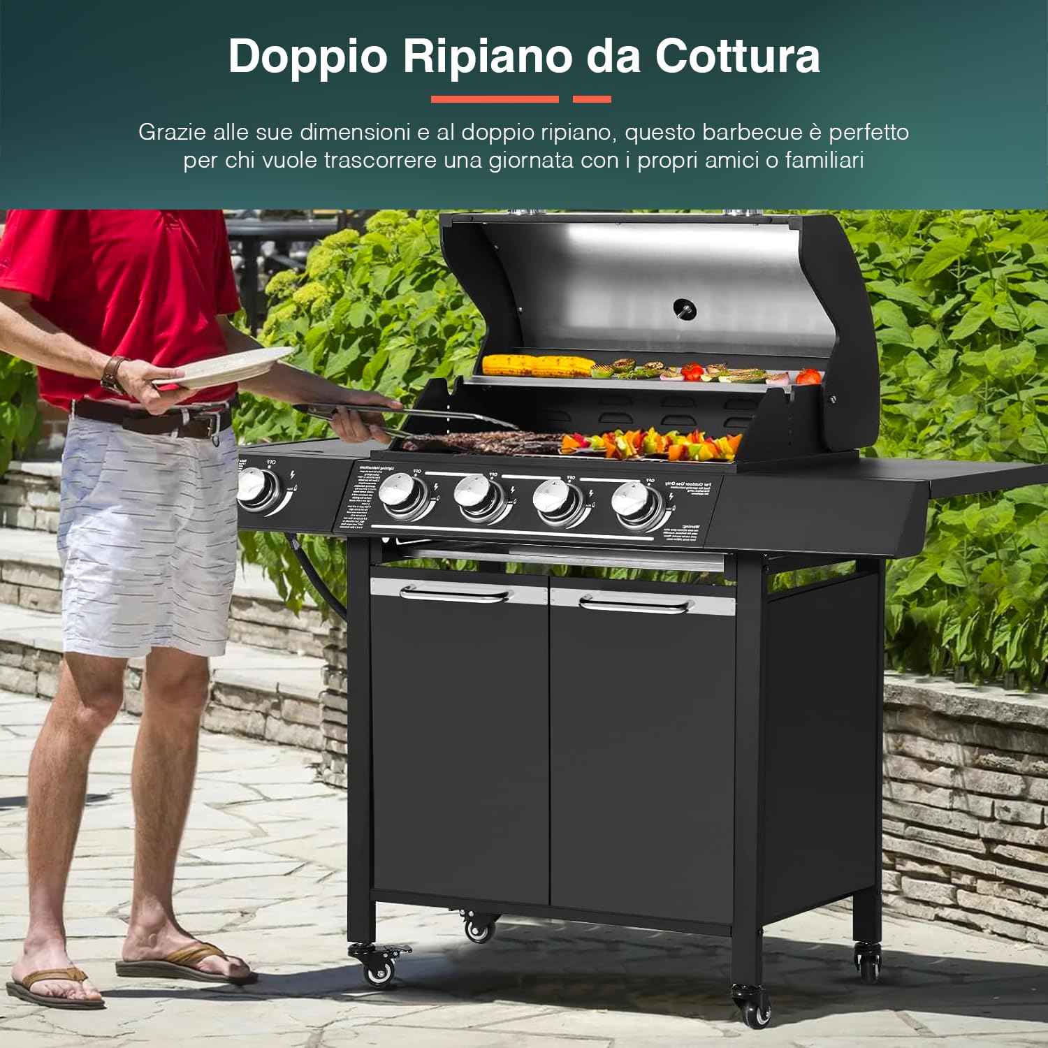 Avilia BBQ Gas 4 Bruciatori, Fornello Laterale, Doppia Griglia, Termometro Integrato e 4 ruote, in Acciaio Lucido Ideale per Giardini e Terrazzi, 136x53x105.5cm, Nero