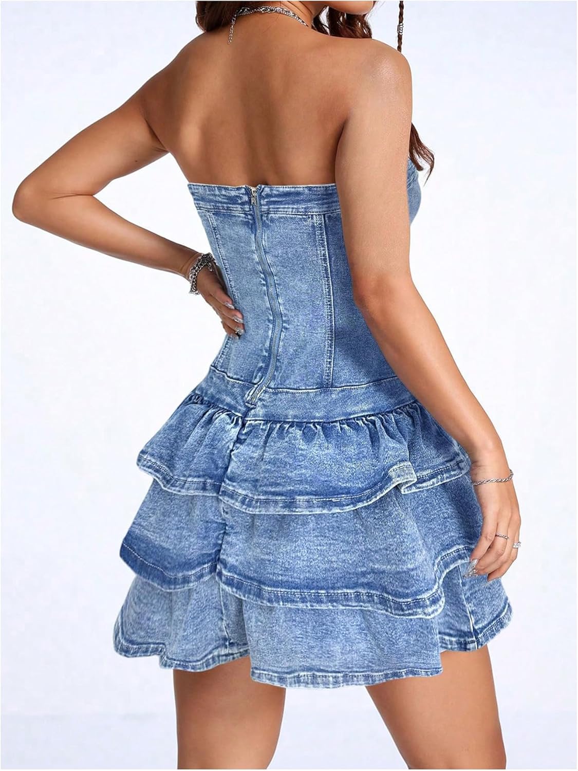 WDIRARA Women's Strapless Layered Ruffle Denim Dress Bandeau Slim Fit Mini Dresses - Image 2