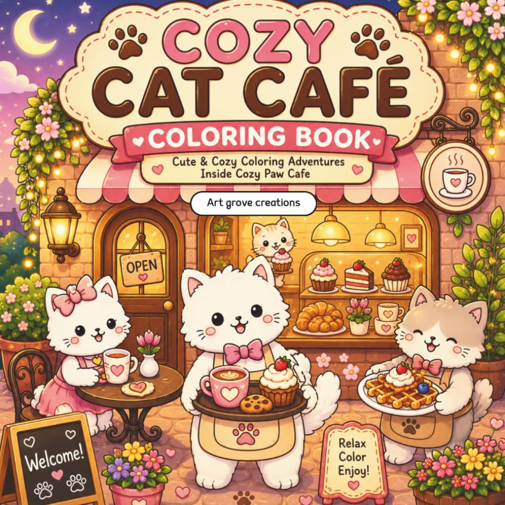 cozy cat cafe coloring book: A Relaxing Coloring Book Filled with Adorable Cats, Coffee Shop Moments, Sweet Treats, and Cozy Vibes