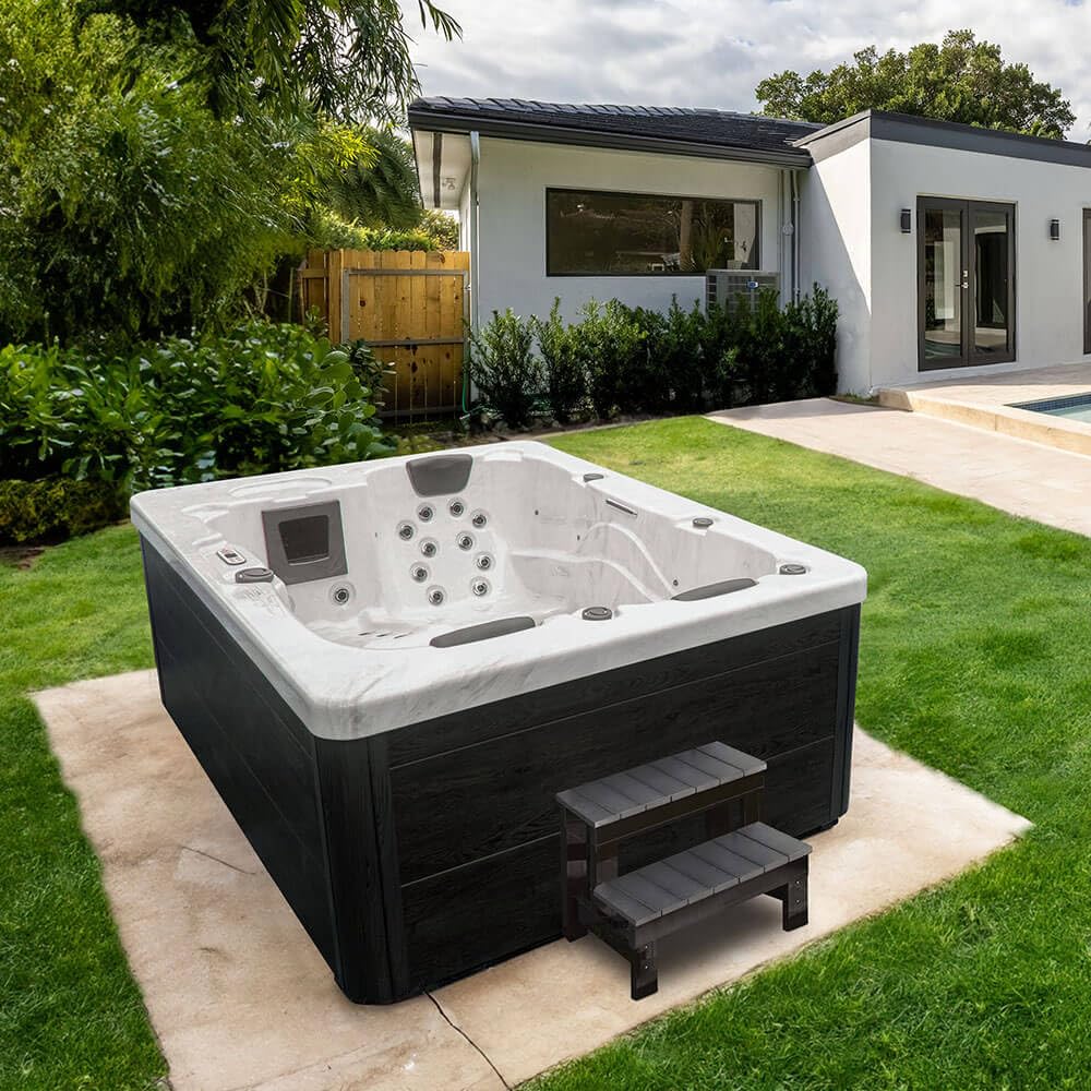 Home Deluxe - Outdoor Whirlpool - White Marble Plus Treppe und Thermoabdeckung - Maße 210 x 160 x 85 cm - Inkl. Heizung, 27 Massagedüsen und 9 Lichtquellen I Außen Whirlpool Spa für 3 Personen