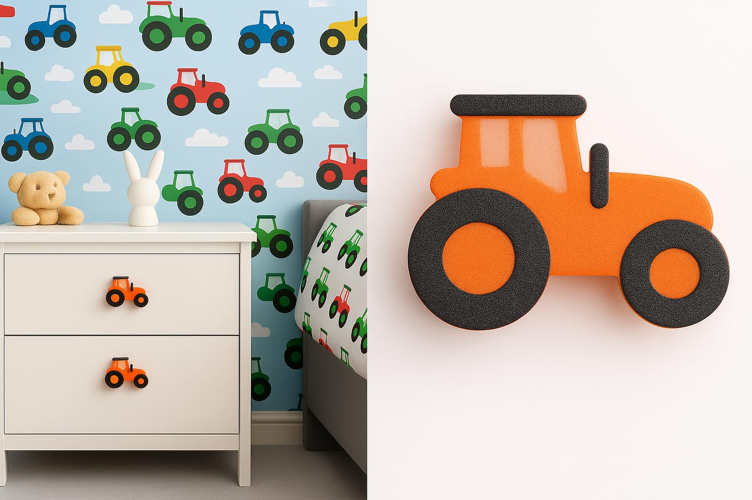 6-Pack Tractor Theme Children’s Door Knobs – Pull Handles for Drawers & Cupboards – Nursery, Playroom, Bedroom Decor (4.3cm x 6.5 cm) (Orange)