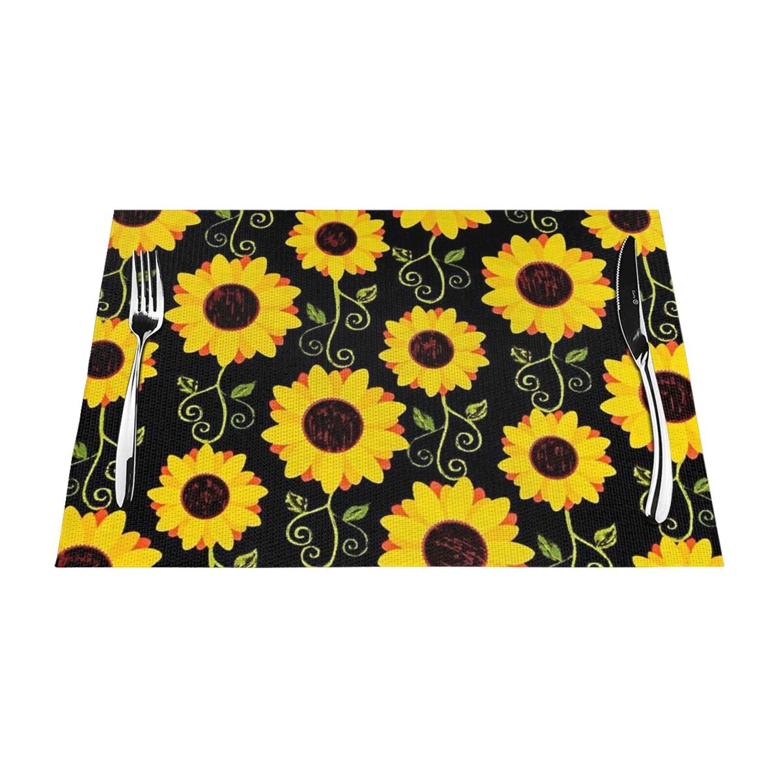 PVC Placemat Set of 6 PCS, 45x30 CM, Sunflower Floral Printed Non-Slip Heat Resistant Place Mats for Kitchen Dining Table Indoor Outdoor