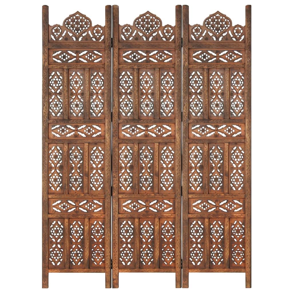 vidaXL Solid Mango Wood Hand carved 3-Panel Room Divider Room Partition Paravent Privacy Screen Classic Style Decoration Home Brown 120x165cm