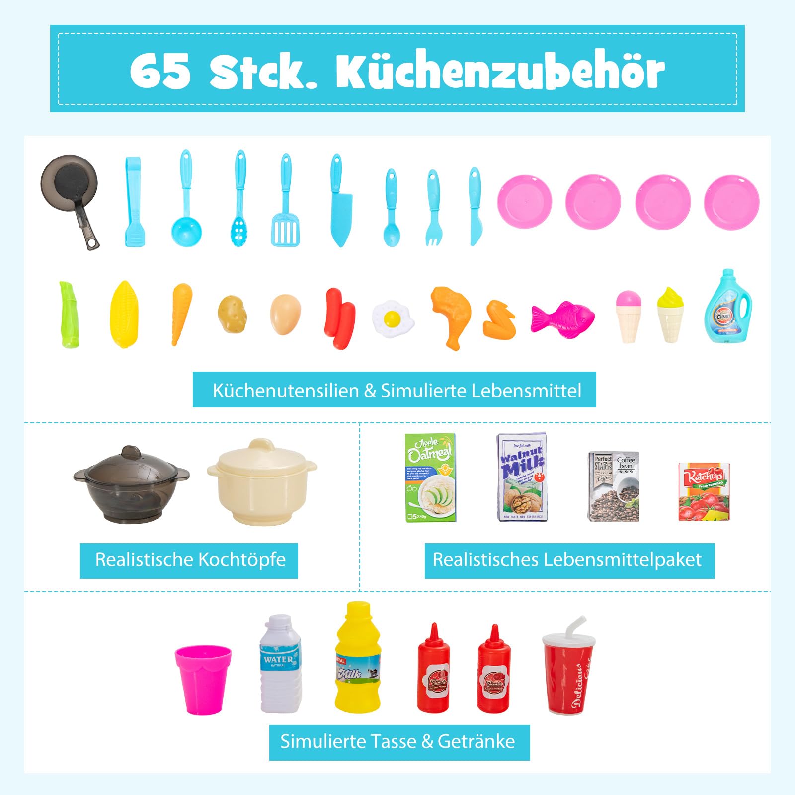 COSTWAY 65 TLG. Kinderküche mit Lichter, Musik und Sound, Spielküche inkl. Zubehör, Kinderspielküche mit Wasserpumpe, Spielzeugküche für Kleinkinder ab 3 Jahren (Rosa)