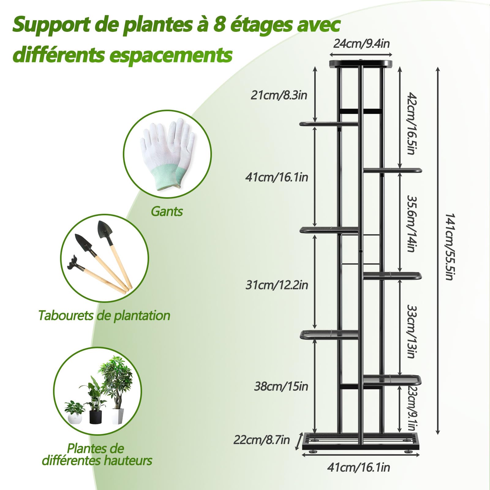 Support pour Plantes à 8 Niveaux avec Outils de Jardinage et Gants, 141cm Porte Plante Interieur en Métal pour Plusieurs Plantes, Étagère Plante Étagère à Fleurs pour Balcon Jardin, Noir