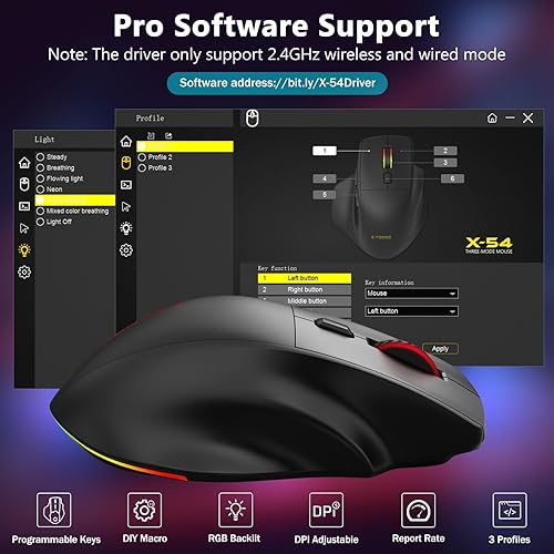Miniatura 7 de E-YOOSO Ratón ergonómico inalámbrico para juegos para manos grandes, tres modos de 2.4 GHz/Bluetooth/mouse con retroiluminación RGB recargable con 2