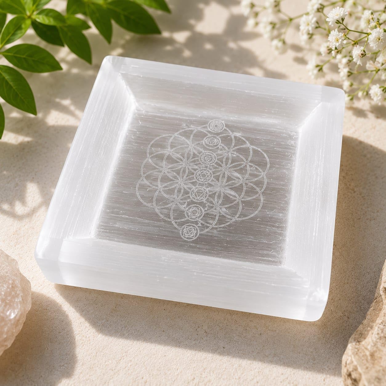 Fikup Natural Selenite Flower of Life Charging Bowl with 7 Chakra Engraving | Square Crystal Storage Dish for Gemstones, Jewellery, Tumbled Stones & Home Décor-image-14