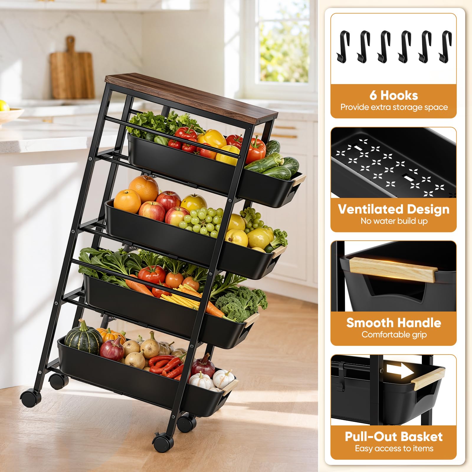 Carrito Cocina con Ruedas, Carrito Cocina con Cestas Retráctiles con 5 Cajones, Verdulero Cocina con 6 Ganchos y Mecanismo de Frenado, Adecuado para Cocina, Baño