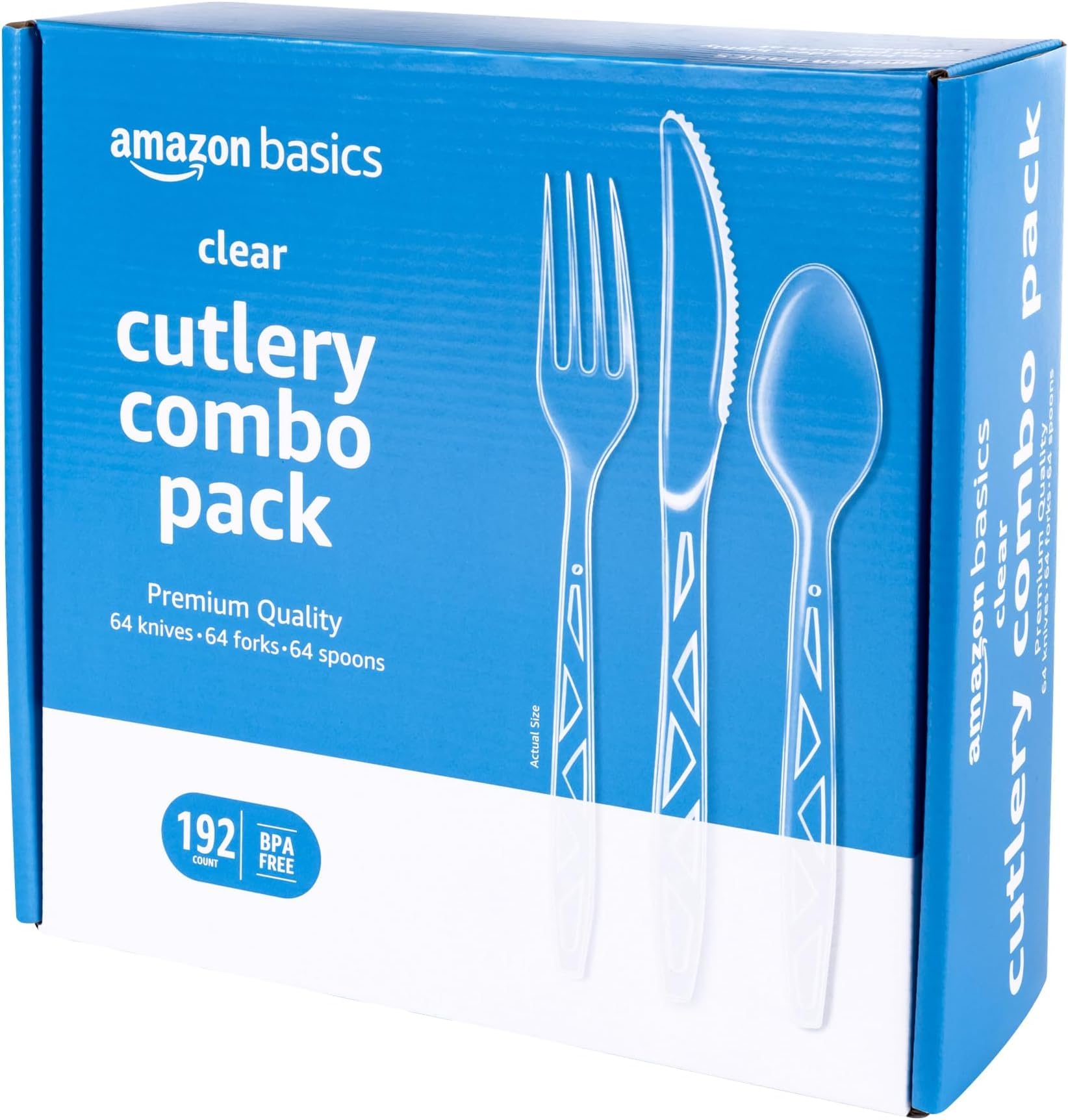Amazon Basics Disposable Clear Plastic Cutlery Set, Premium Quality, Strong, 192 Count, Large Combo Pack Forks, Spoons and Knives (Pack of 6)