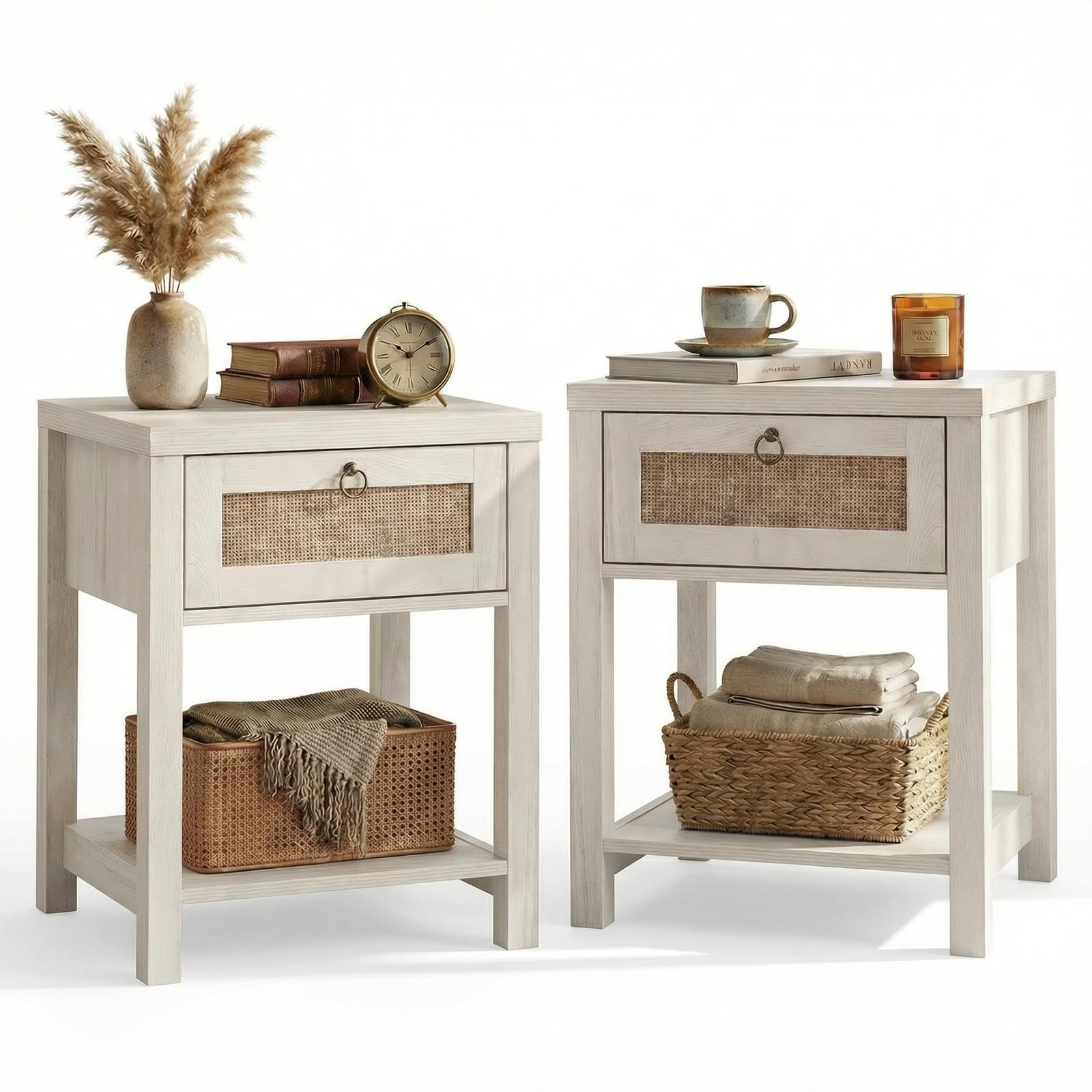 VOWNER Rattan Nachttisch Set 2er, Landhausstil Beistelltisch mit Schublade und Ablage, Böhmischer Sideboard für Schlafzimmer, Wohnzimmer, Flur, Gästebuchregal, 45 x 39 x 59cm (Eiche hell)