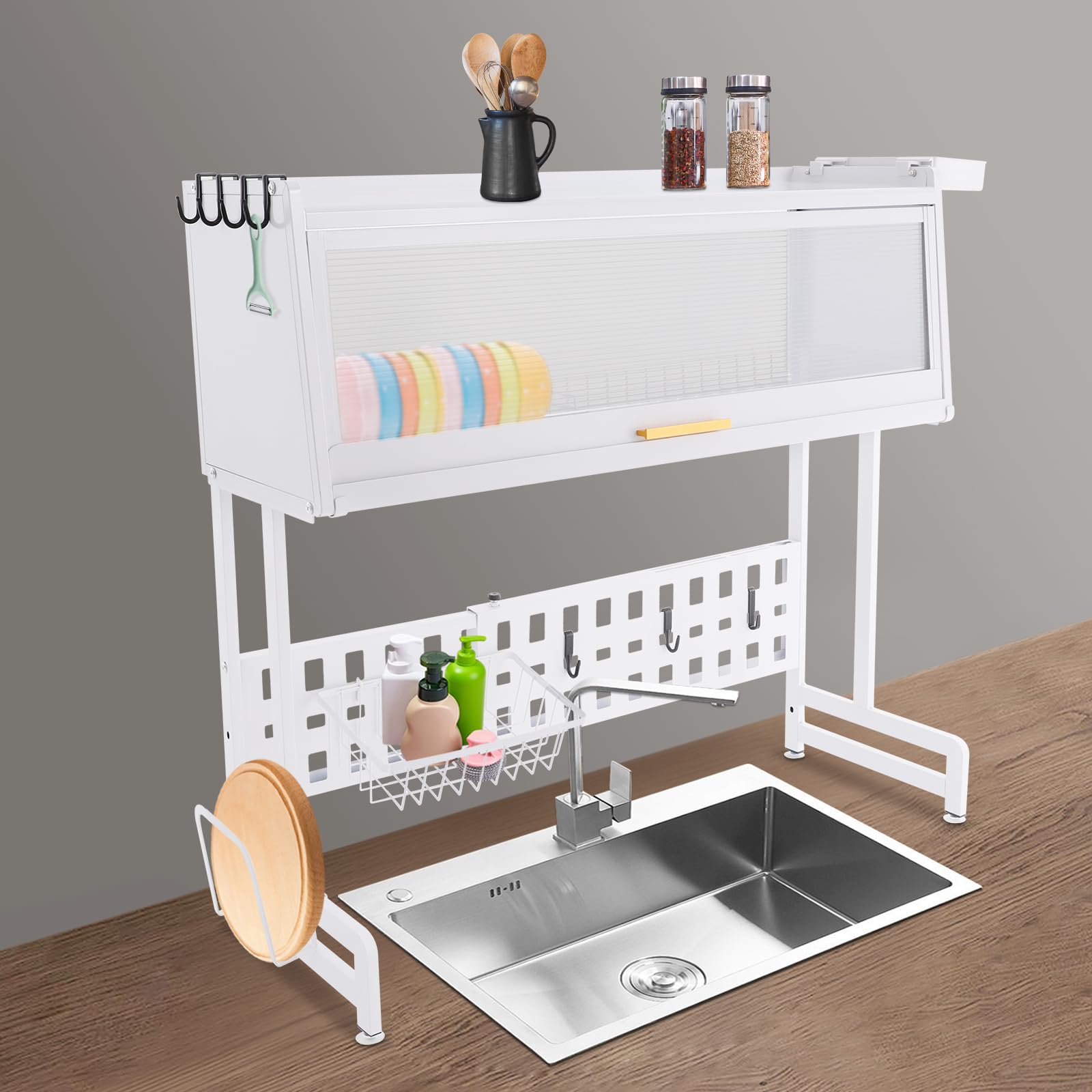 Escurreplatos sobre el fregadero, escurreplatos para platos sobre el fregadero con soporte telescópico ajustable para almacenamiento de cocina para fregaderos de hasta 84 cm