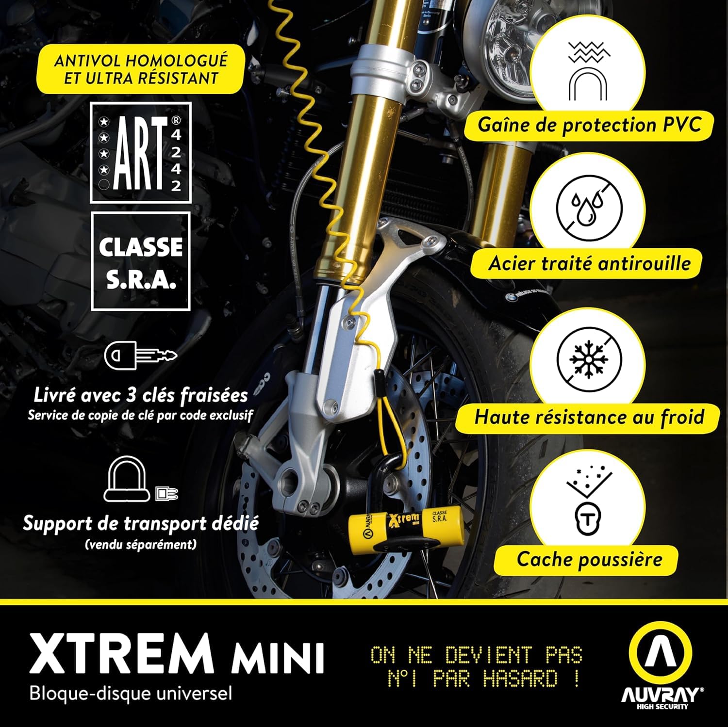 AUVRAY - Antivol moto bloque disque MINI U - BLOCK DISC XTREM MINI - Haute sécurité - Cordon de rappel-Certifié SRA et ART-Recommandé par les assurances-Résistance maximale-Double système verrouillage