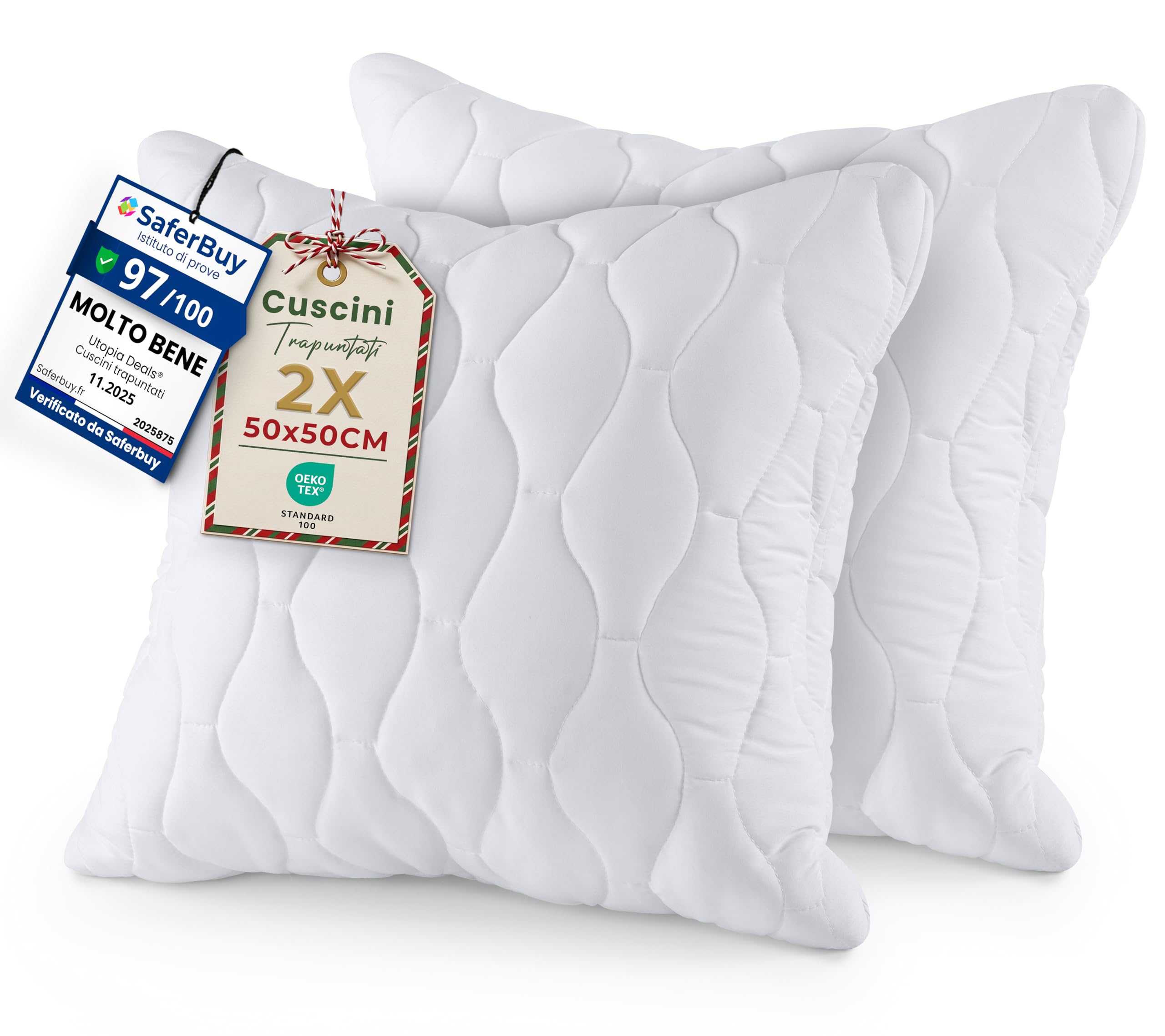 Utopia Bedding Cuscini trapuntati (Confezione da 2) 50 x 50 cm, Cuscini decorativi per letto e divano (Bianco)