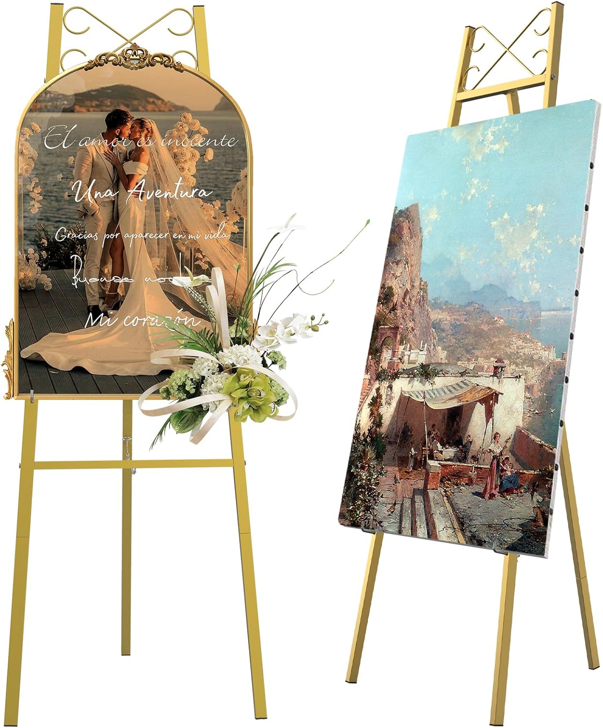 56" Gold Easel Stand for Sign – Adjustable Height Metal Display Easel with Chain Support, Heavy Duty Floor Standing Easel for Art, Posters, Pictures, Paintings, and Party Décor
