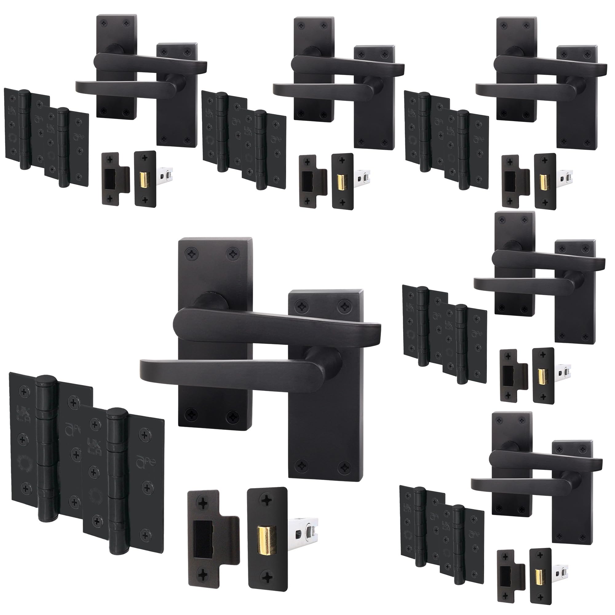 EAI Black Door Handle Latch Set | 6 Pairs Internal Handles on Backplate with Latch 64mm & Hinges 76mm | Straight Pattern